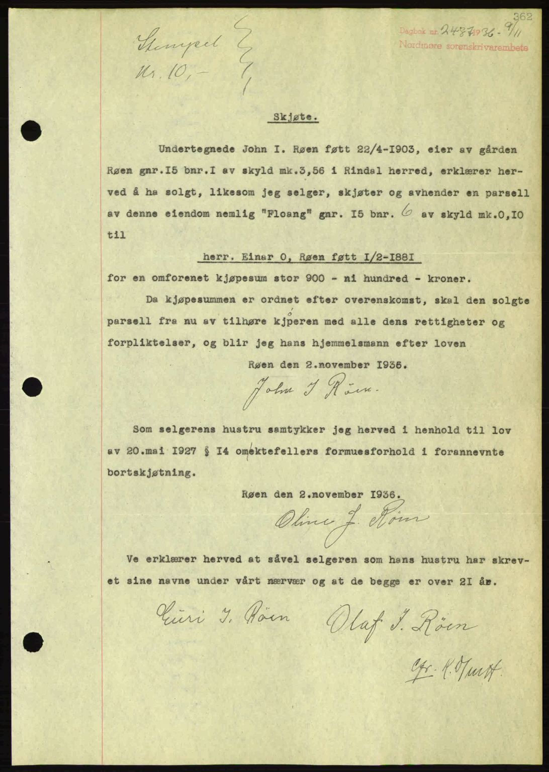 Nordmøre sorenskriveri, SAT/A-4132/1/2/2Ca: Pantebok nr. A80, 1936-1937, Dagboknr: 2487/1936