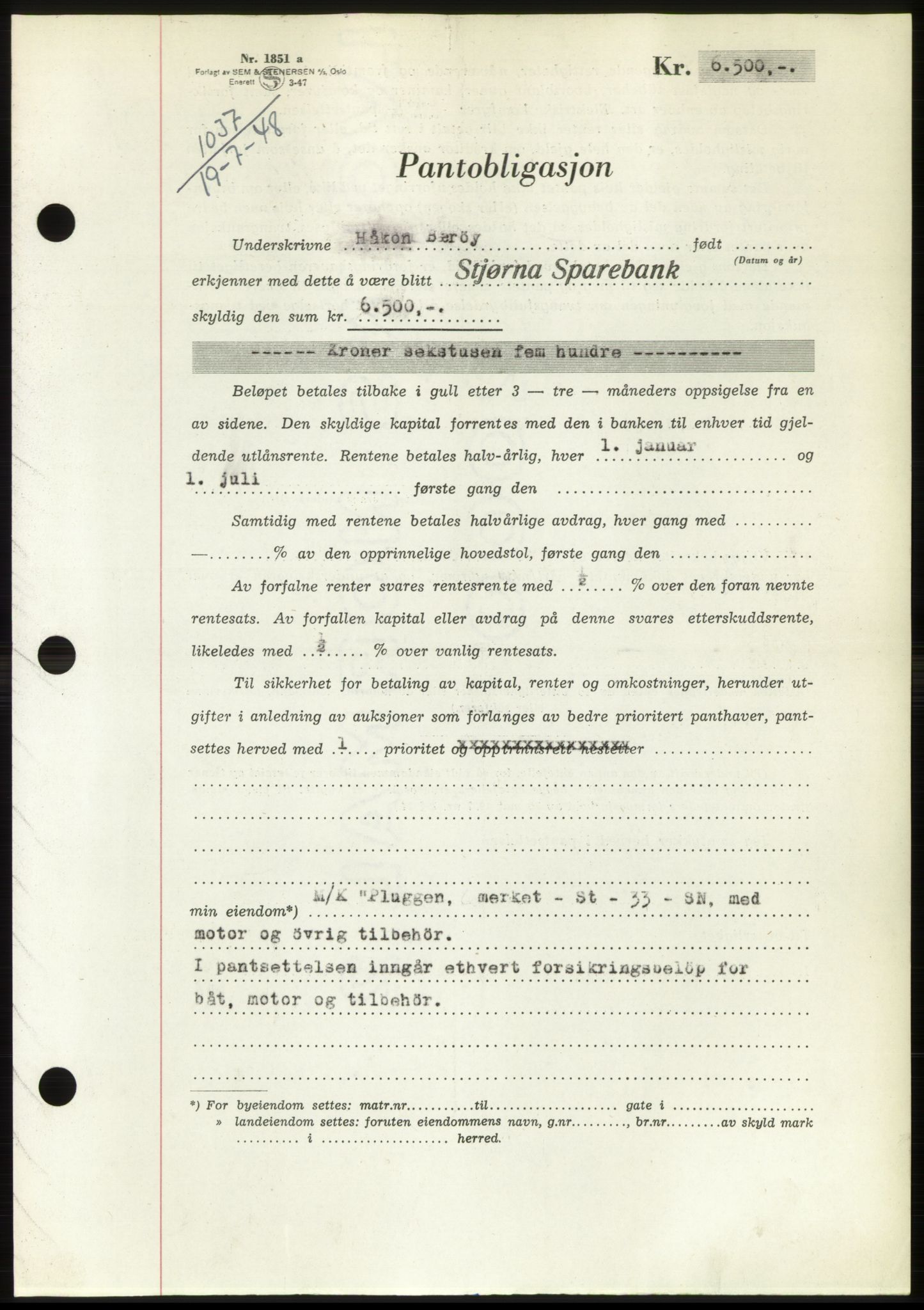 Fosen sorenskriveri, AV/SAT-A-1107/1/2/2C: Pantebok nr. B, 1948-1950, Dagboknr: 1037/1948