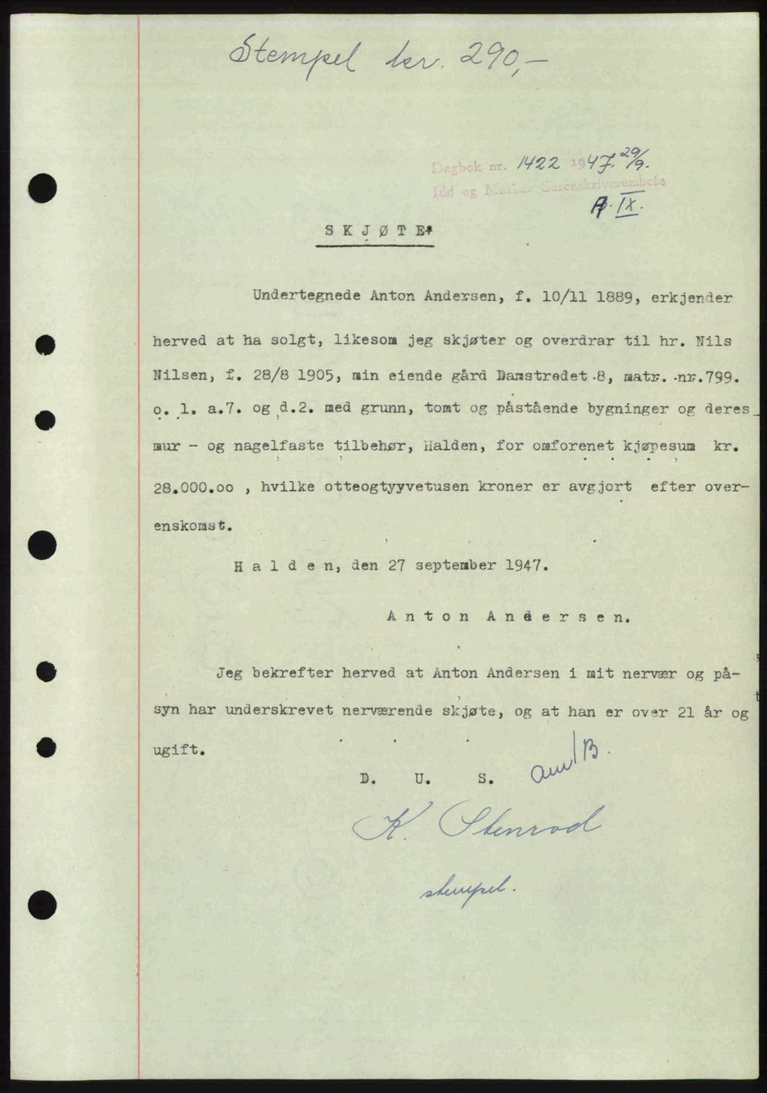 Idd og Marker sorenskriveri, SAO/A-10283/G/Gb/Gbb/L0009: Pantebok nr. A9, 1946-1947, Dagboknr: 1422/1947