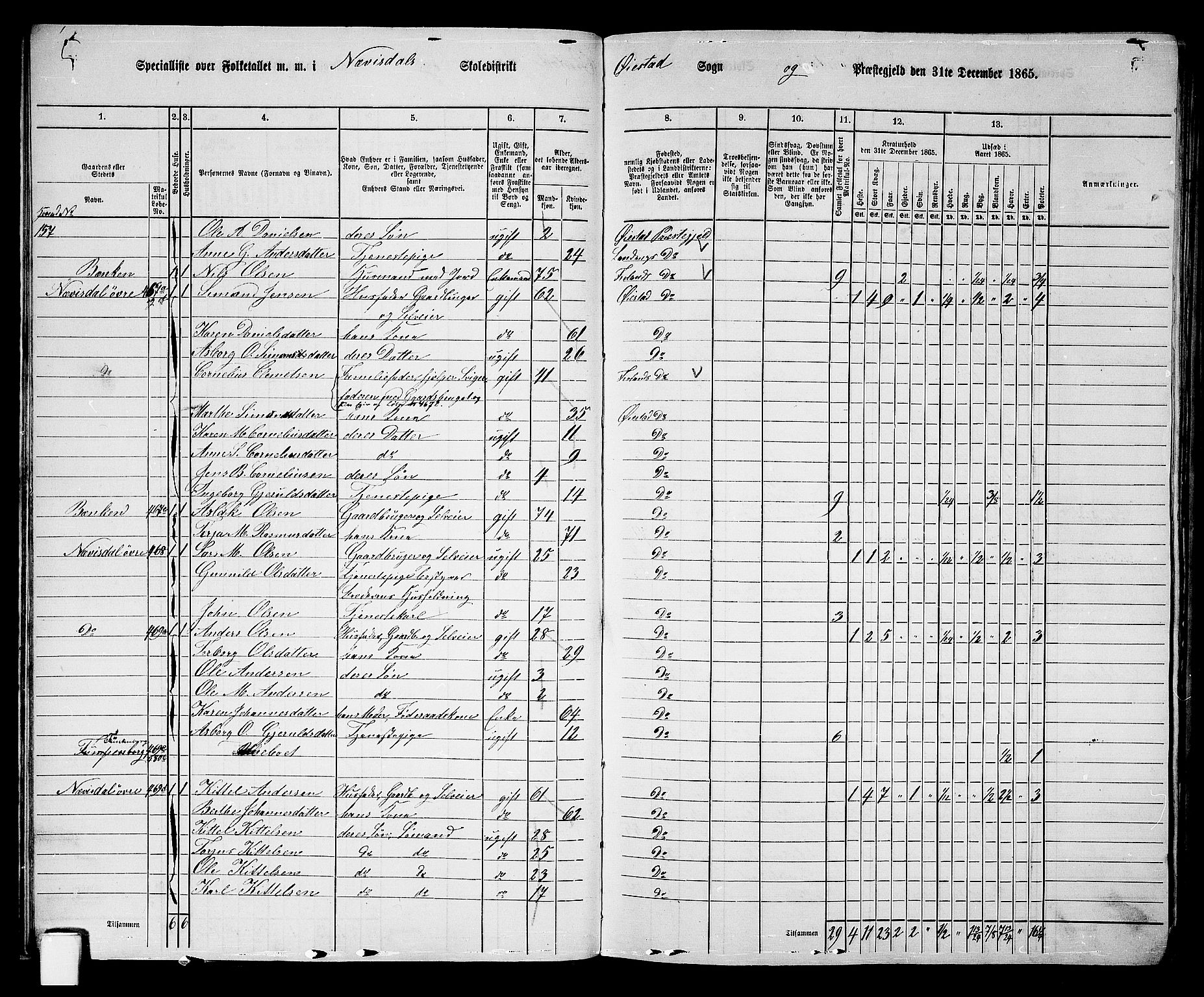 RA, Folketelling 1865 for 0920P Øyestad prestegjeld, 1865, s. 20