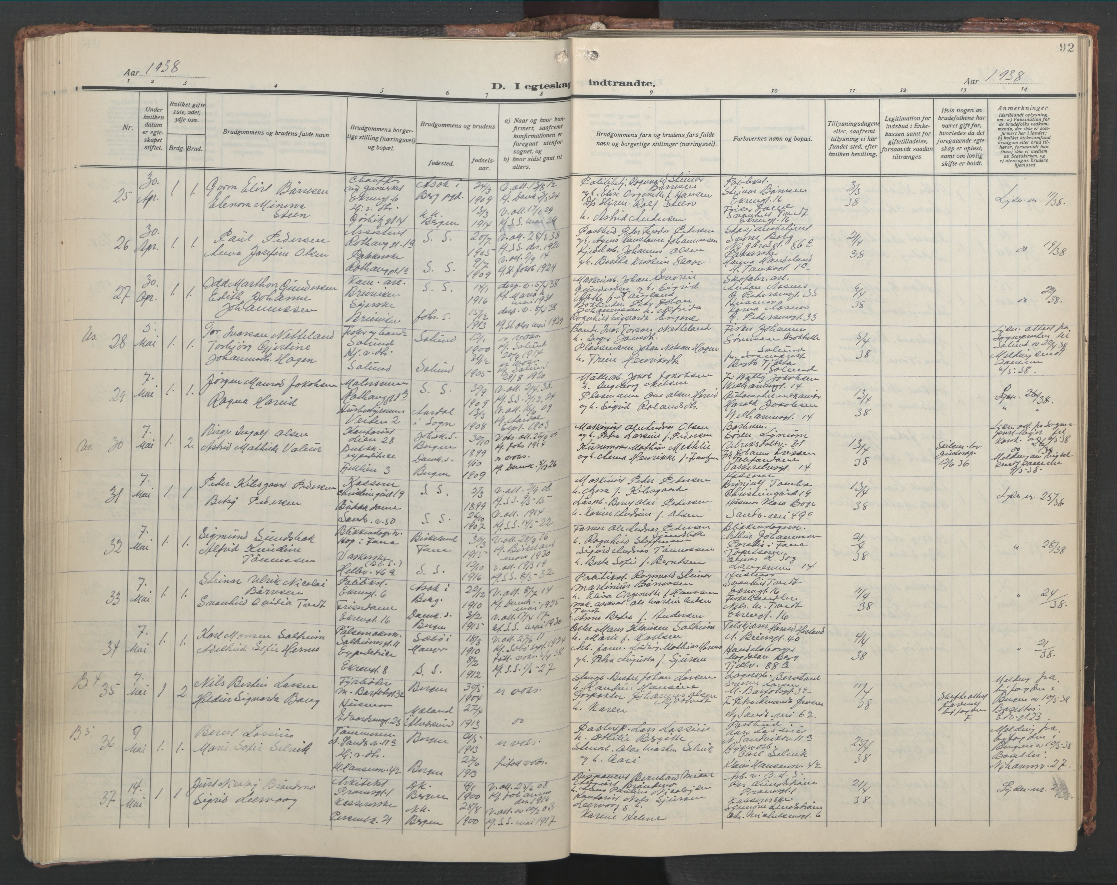 Sandviken Sokneprestembete, AV/SAB-A-77601/H/Hb/L0015: Klokkerbok nr. D 2, 1929-1953, s. 91b-92a