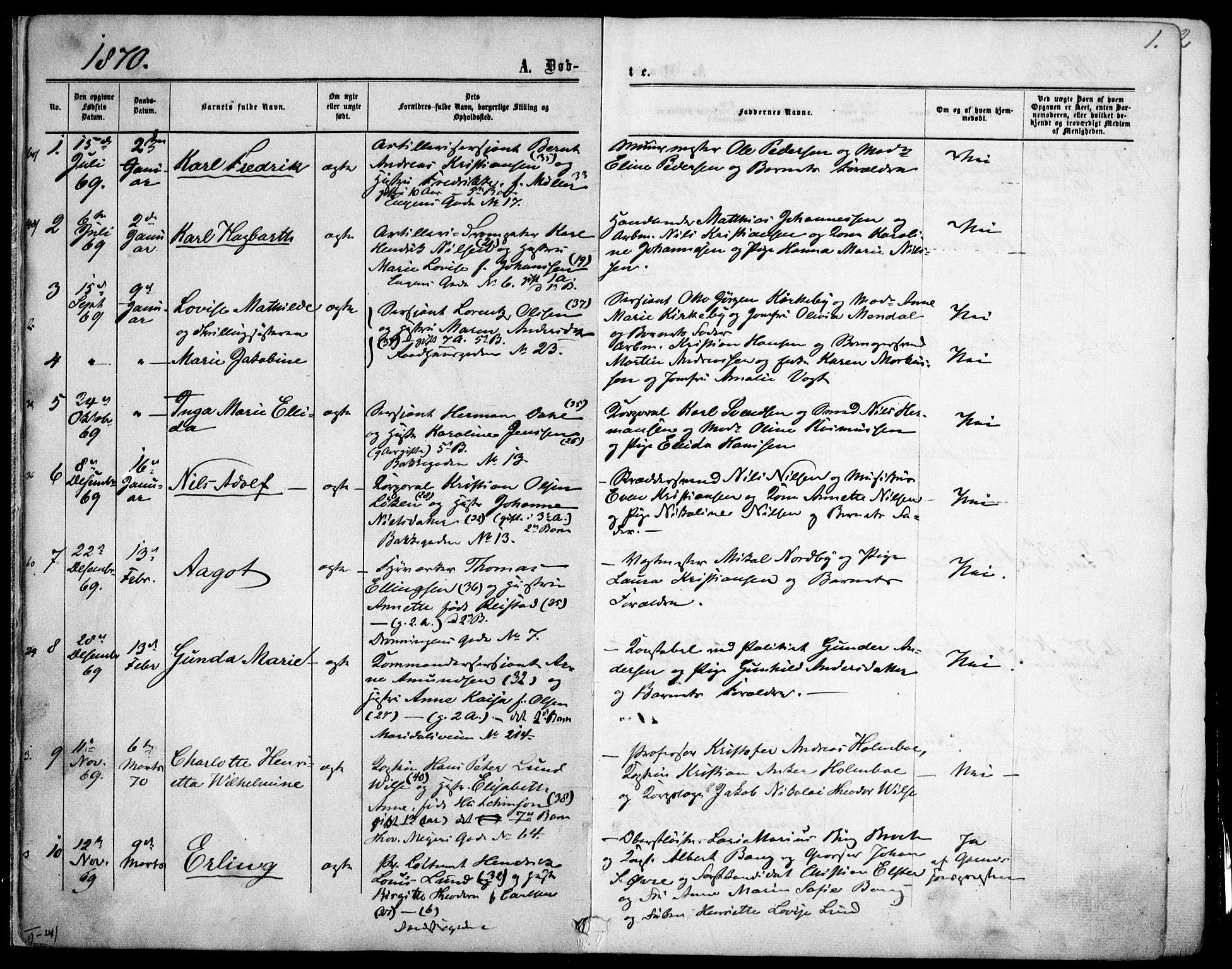 Garnisonsmenigheten Kirkebøker, AV/SAO-A-10846/F/Fa/L0011: Ministerialbok nr. 11, 1870-1880, s. 1