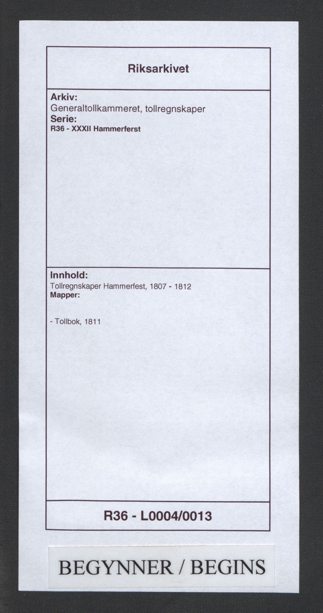 Generaltollkammeret, tollregnskaper, RA/EA-5490/R36/L0004/0017: Tollregnskaper Hammerfest / Tollbok, 1811