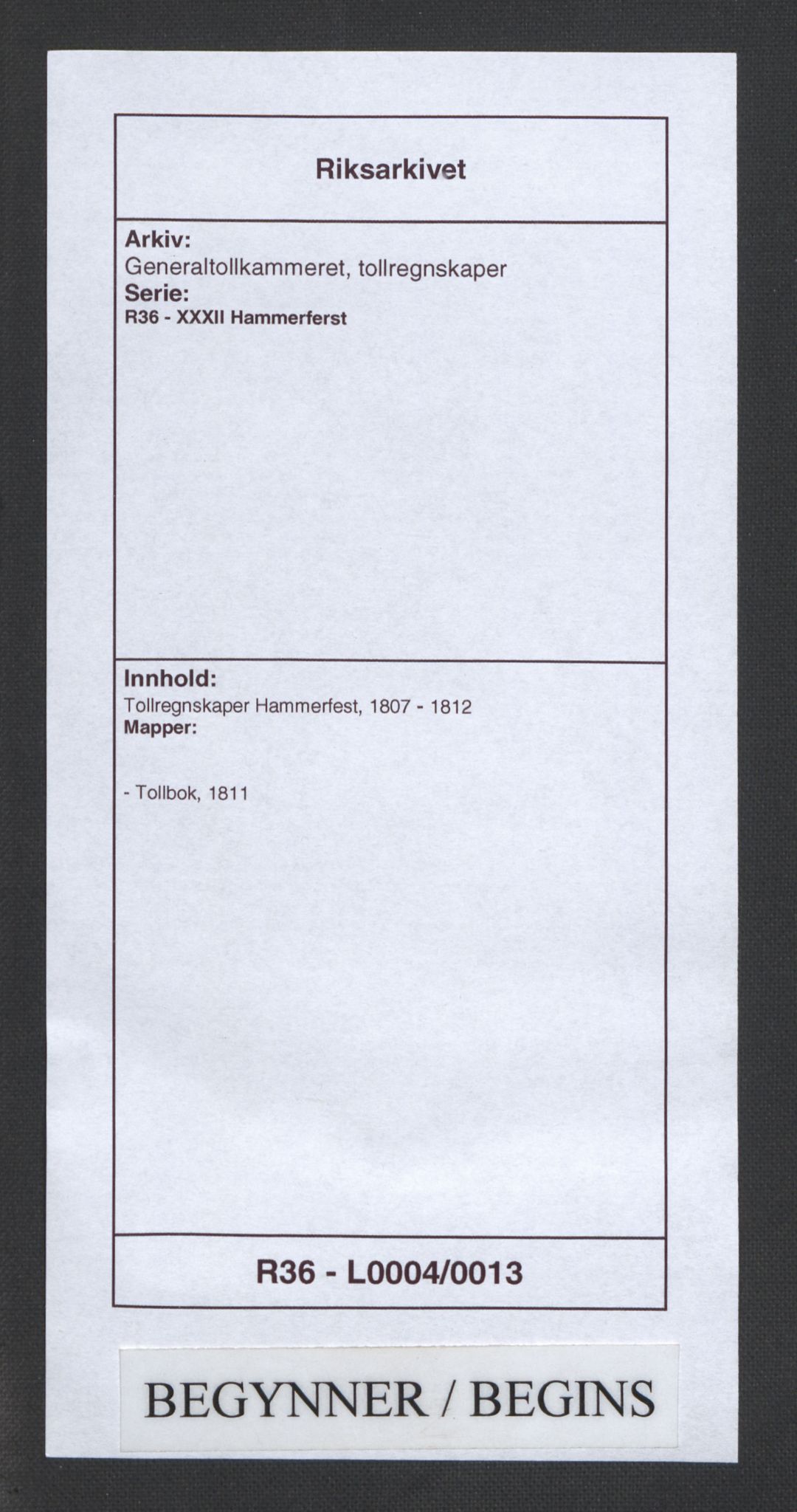 Generaltollkammeret, tollregnskaper, AV/RA-EA-5490/R36/L0004/0017: Tollregnskaper Hammerfest / Tollbok, 1811