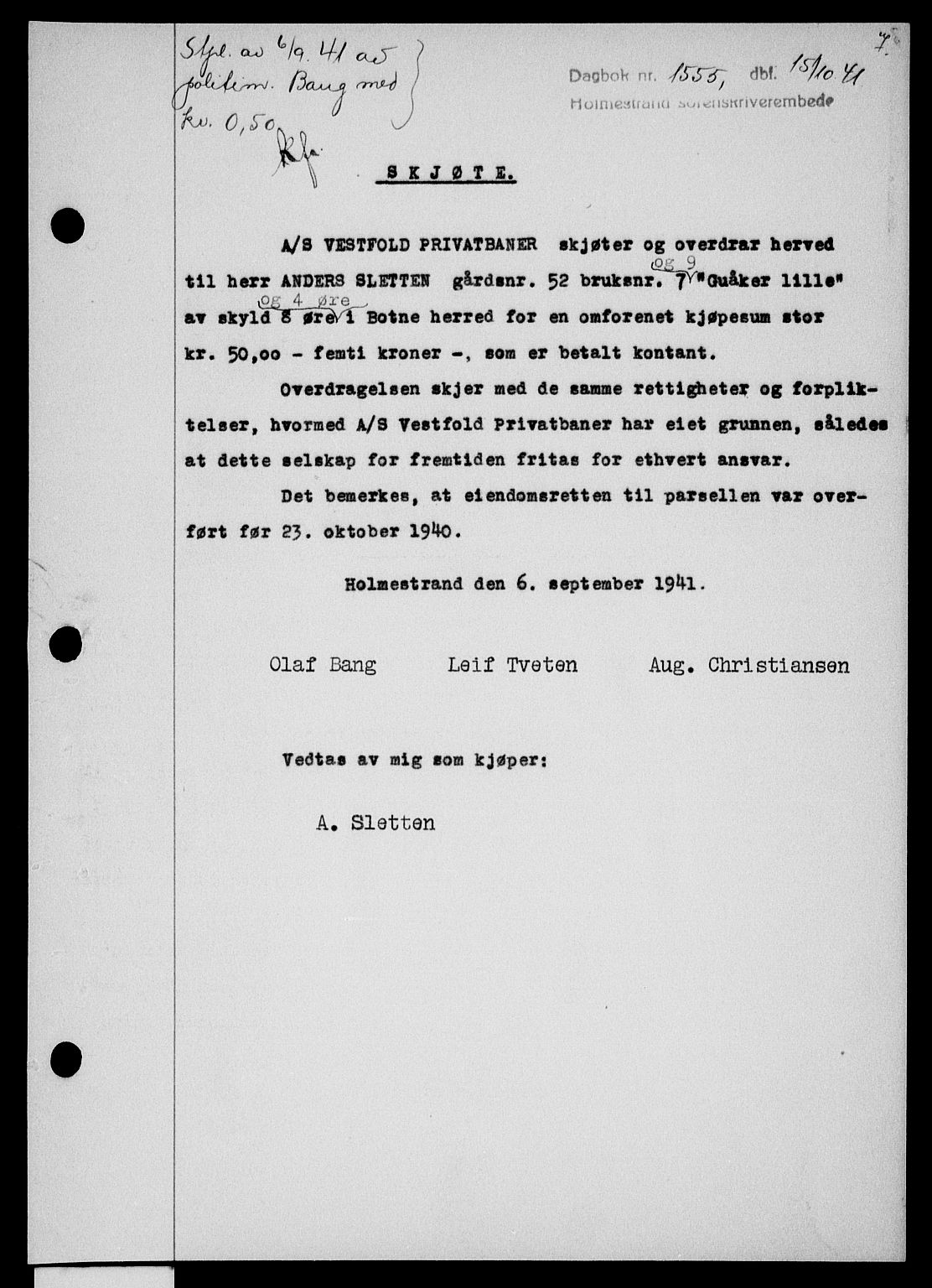 Holmestrand sorenskriveri, SAKO/A-67/G/Ga/Gaa/L0054: Pantebok nr. A-54, 1941-1942, Dagboknr: 1555/1941