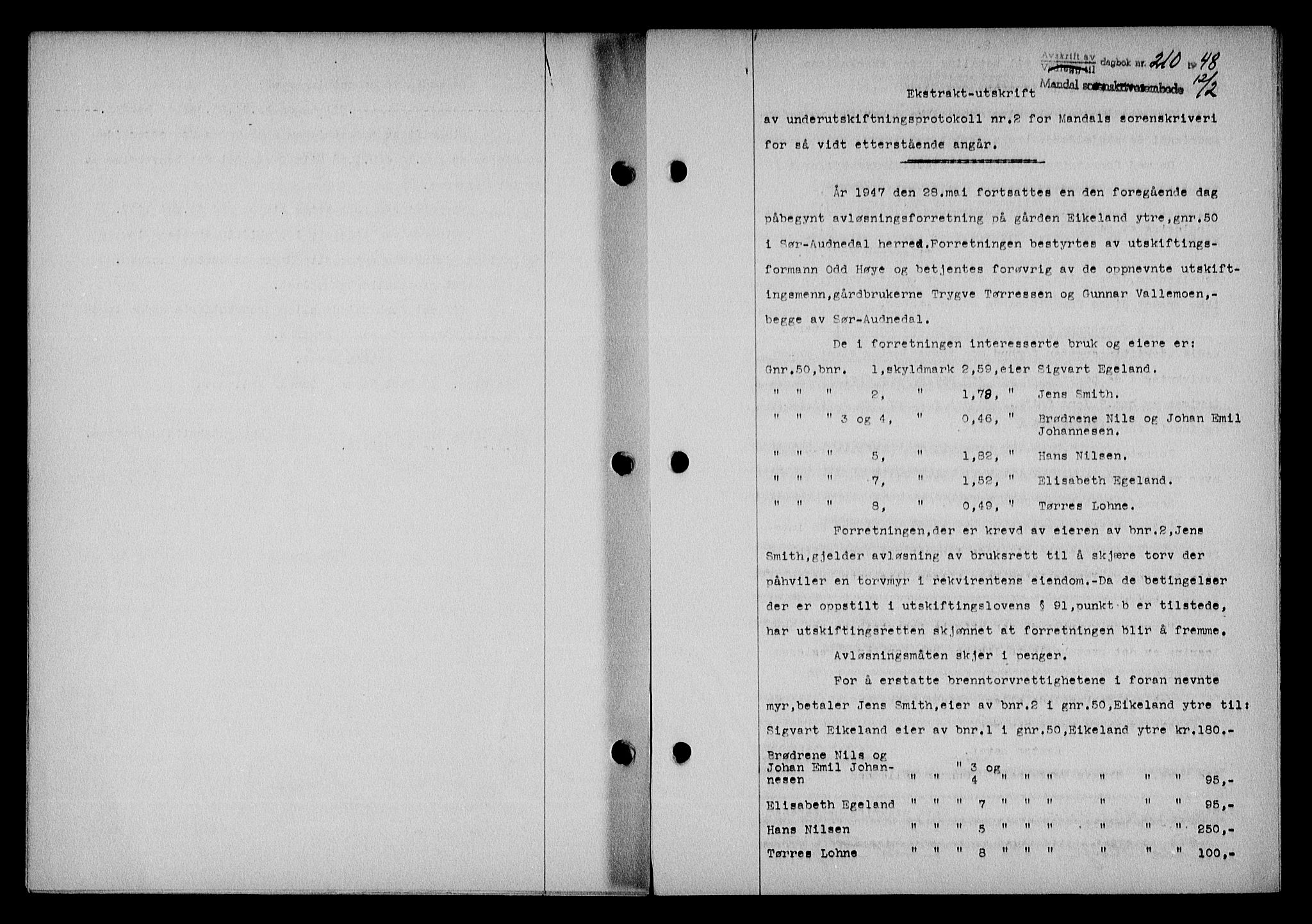 Mandal sorenskriveri, SAK/1221-0005/001/G/Gb/Gba/L0079: Pantebok nr. A-16, 1947-1948, Dagboknr: 210/1948