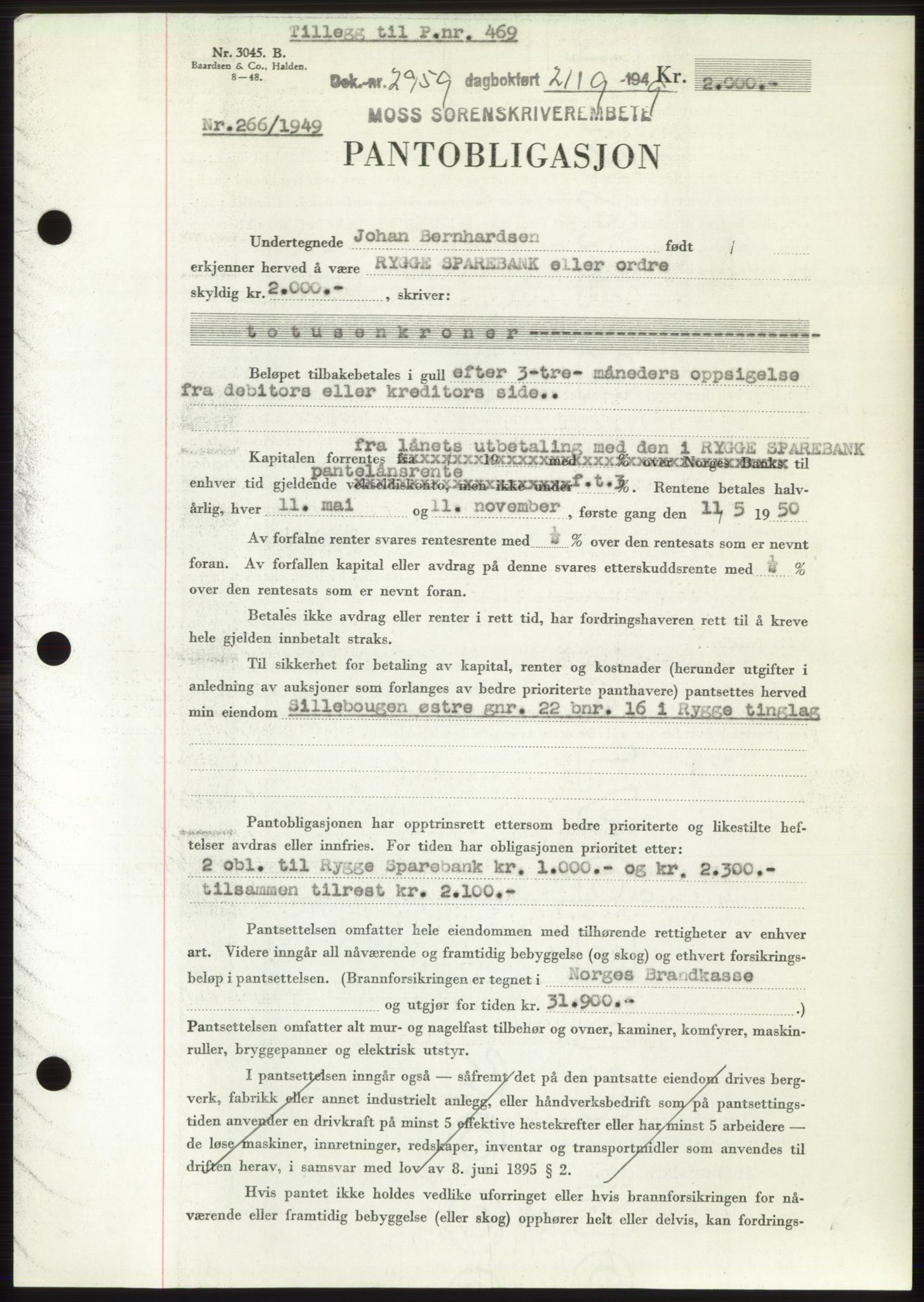 Moss sorenskriveri, SAO/A-10168: Pantebok nr. B22, 1949-1949, Dagboknr: 2959/1949