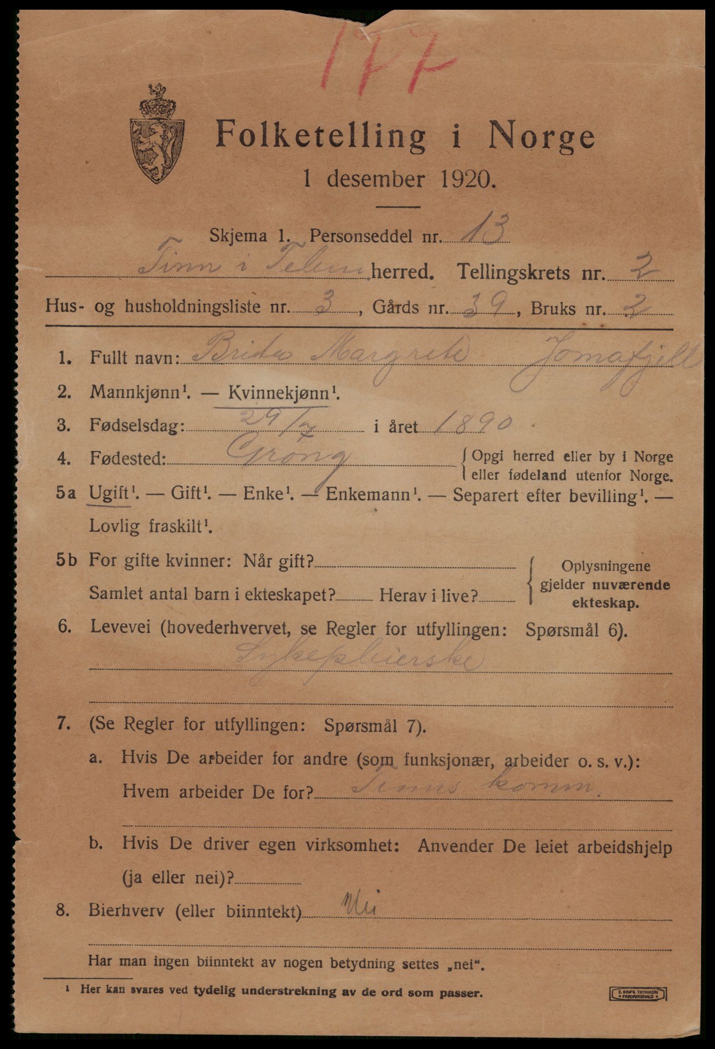 SAKO, Folketelling 1920 for 0826 Tinn herred, 1920, s. 3058