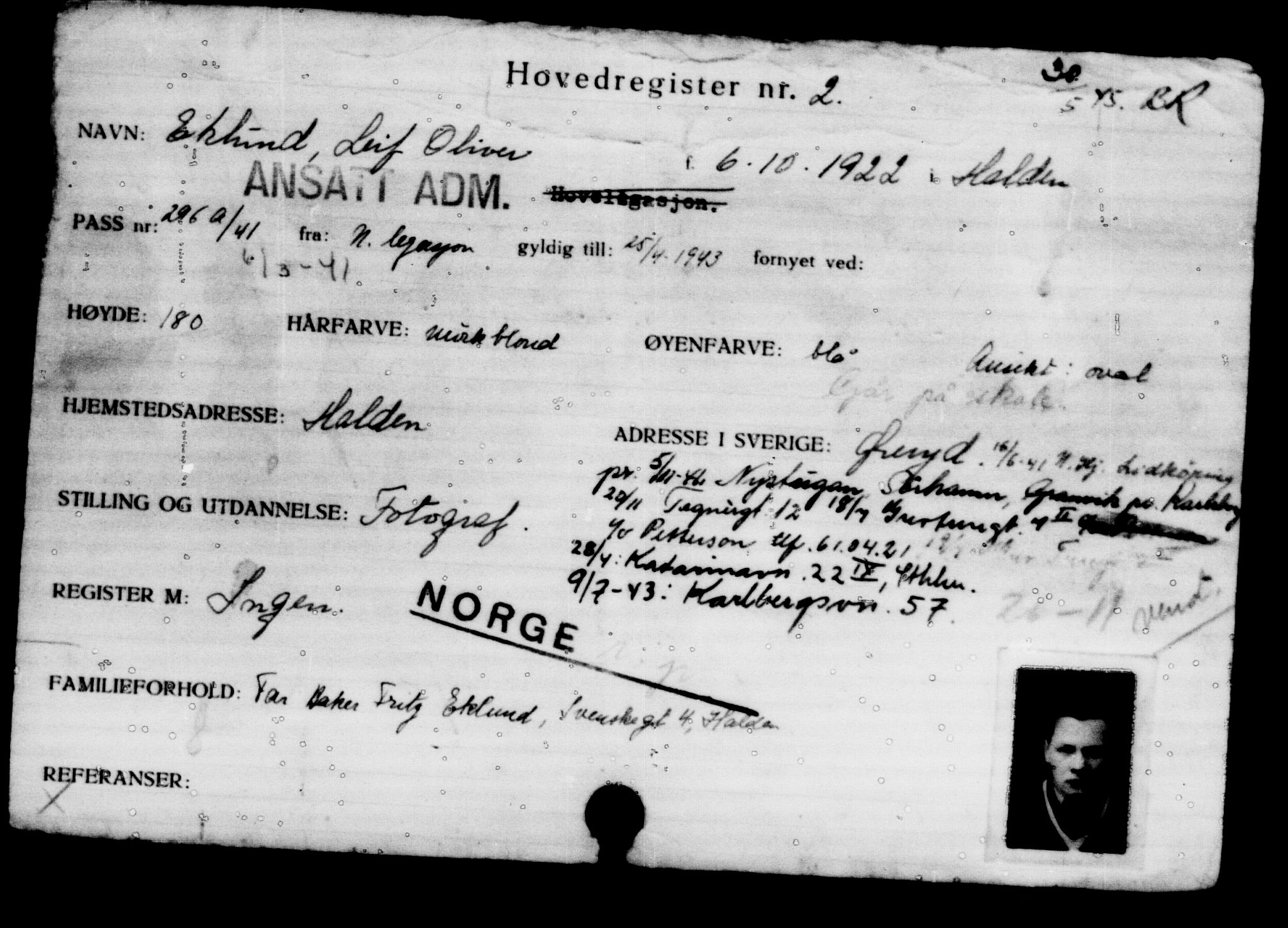 Utenriksstasjonene, Legasjonen i Stockholm, Flyktningkontoret, AV/RA-S-6753/V/Va/L0001: Kjesäterkartoteket, flyktninger med registreringsnr. 1-1000, 1940-1945, s. 2
