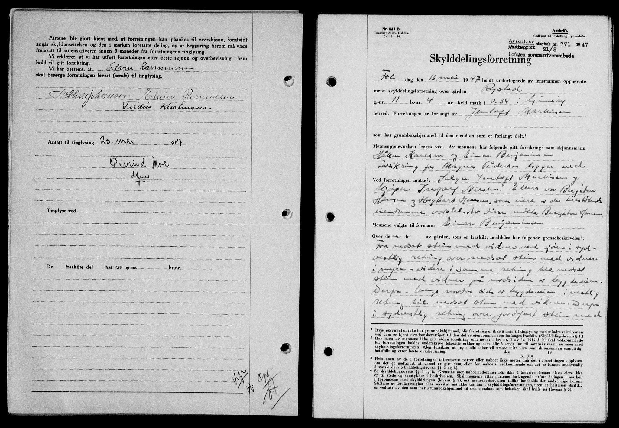 Lofoten sorenskriveri, SAT/A-0017/1/2/2C/L0016a: Pantebok nr. 16a, 1947-1947, Dagboknr: 771/1947