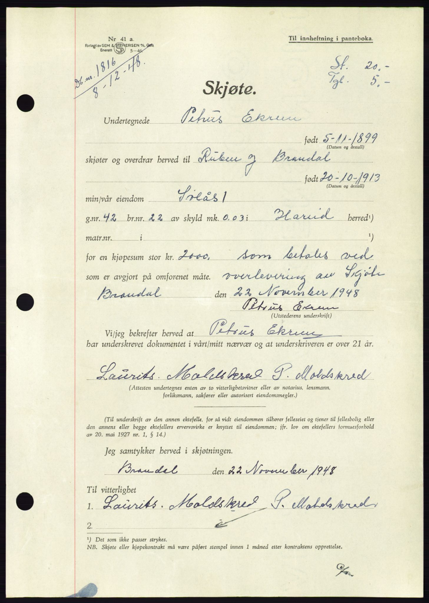 Søre Sunnmøre sorenskriveri, AV/SAT-A-4122/1/2/2C/L0083: Pantebok nr. 9A, 1948-1949, Dagboknr: 1816/1948