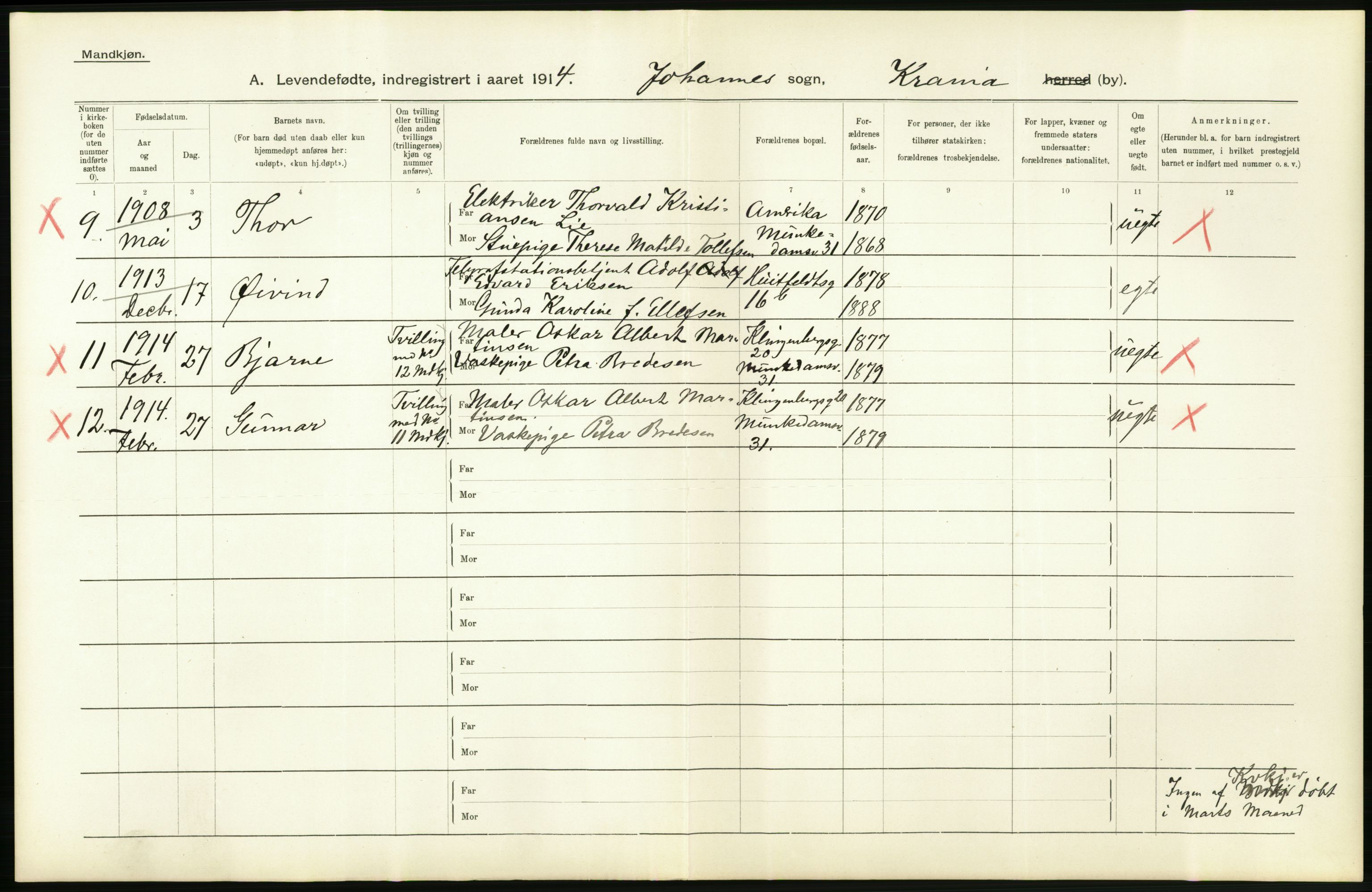 Statistisk sentralbyrå, Sosiodemografiske emner, Befolkning, AV/RA-S-2228/D/Df/Dfb/Dfbd/L0006: Kristiania: Levendefødte menn og kvinner., 1914, s. 18