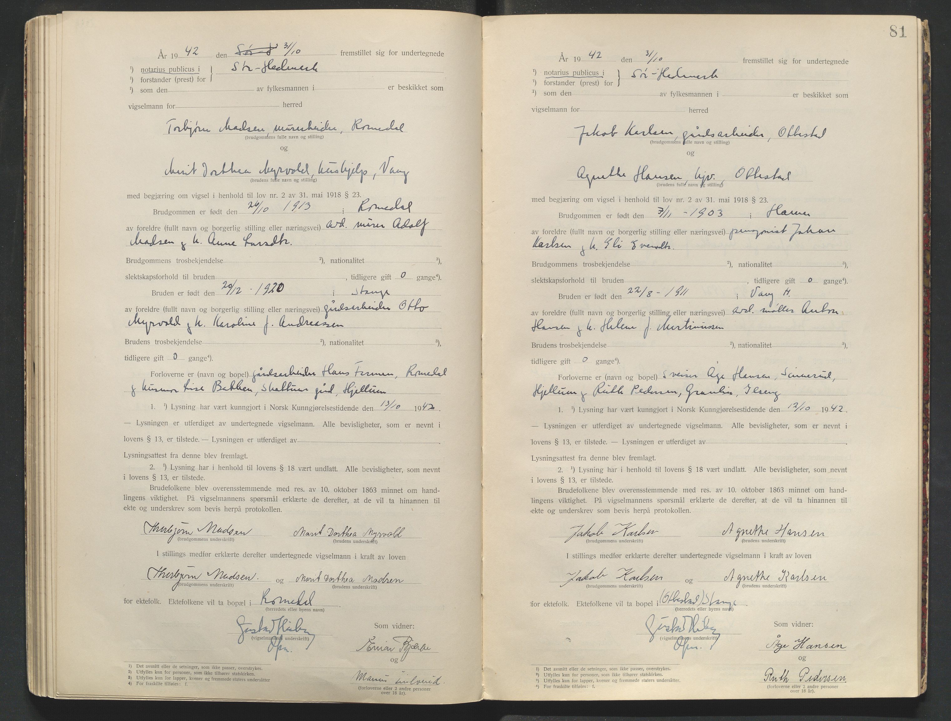 Sør-Hedmark sorenskriveri, AV/SAH-TING-014/L/Le/L0001/0002: Vigselbøker / Vigselbok, 1938-1942, s. 81