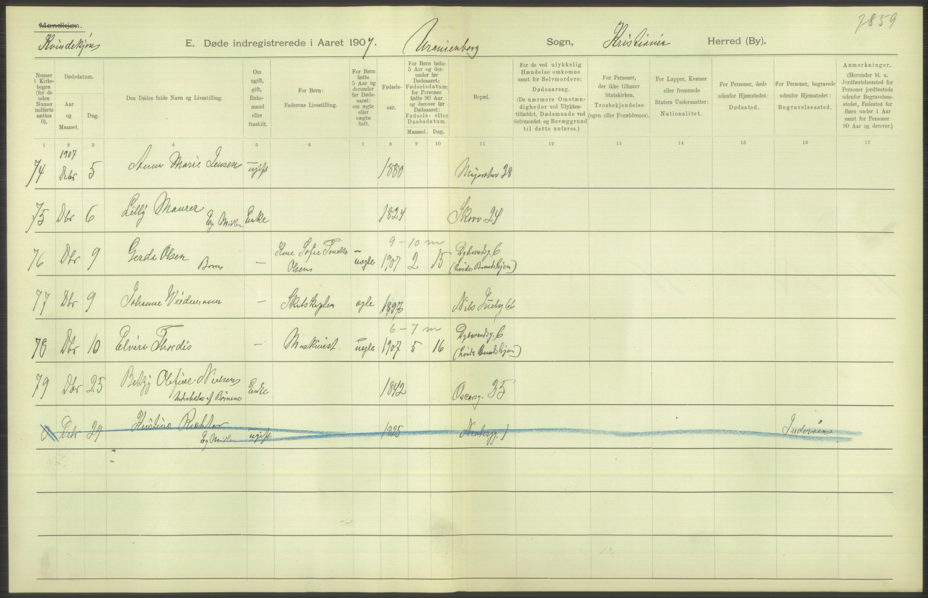 Statistisk sentralbyrå, Sosiodemografiske emner, Befolkning, AV/RA-S-2228/D/Df/Dfa/Dfae/L0009: Kristiania: Døde, 1907, s. 320