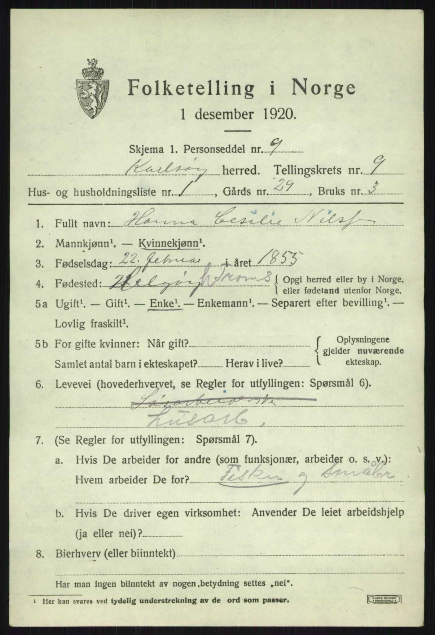 SATØ, Folketelling 1920 for 1936 Karlsøy herred, 1920, s. 3326
