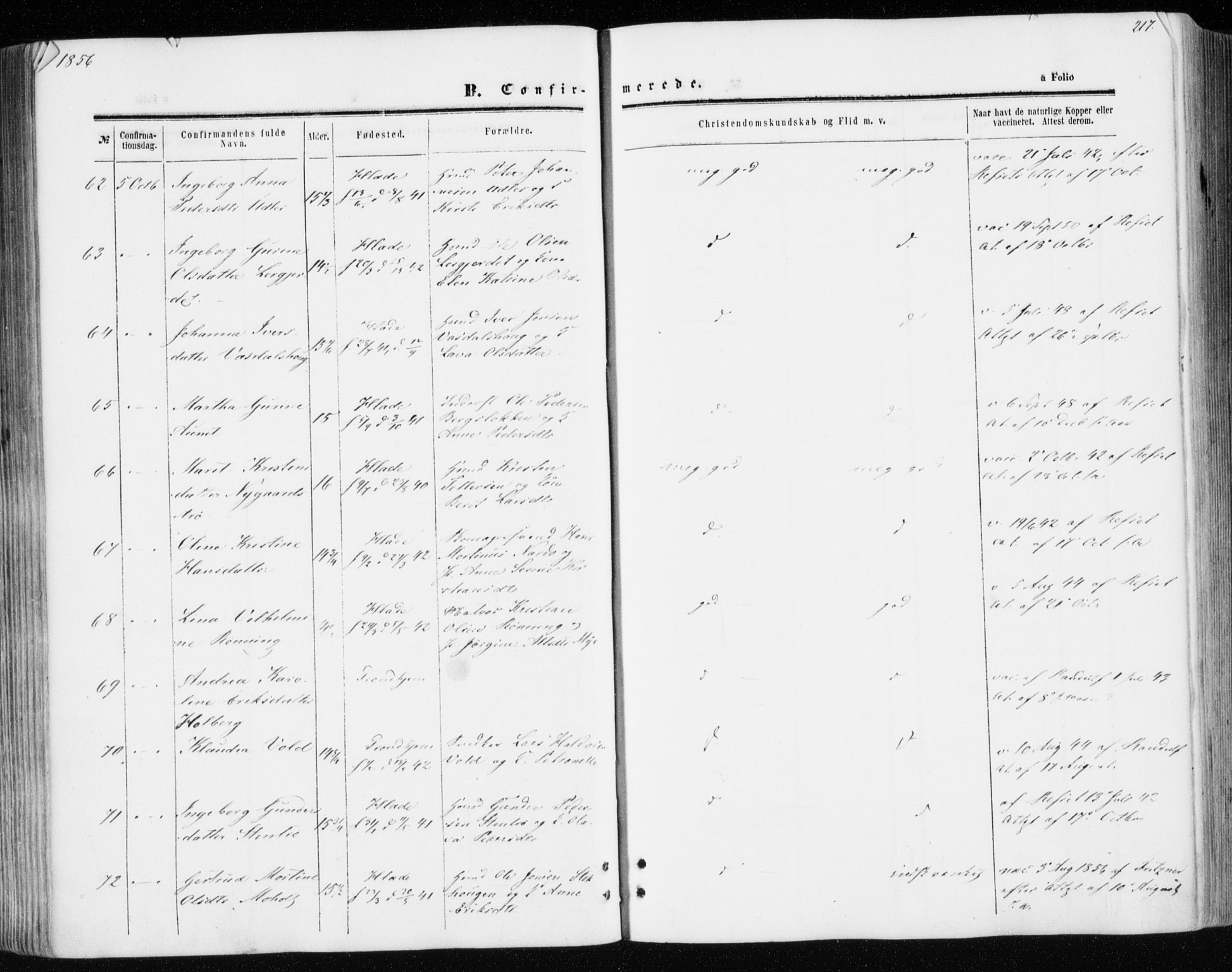 Ministerialprotokoller, klokkerbøker og fødselsregistre - Sør-Trøndelag, SAT/A-1456/606/L0292: Ministerialbok nr. 606A07, 1856-1865, s. 217