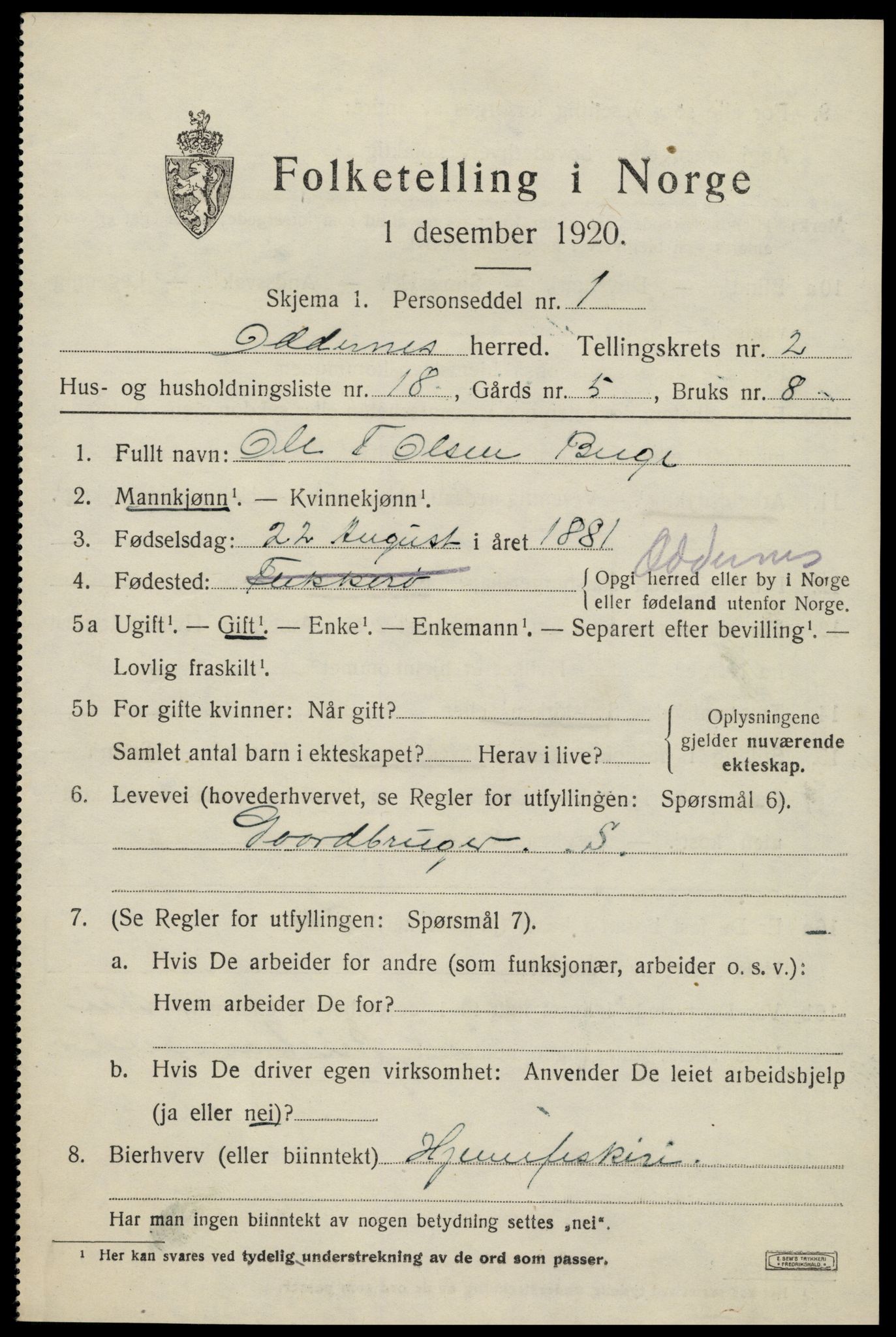 SAK, Folketelling 1920 for 1012 Oddernes herred, 1920, s. 3019