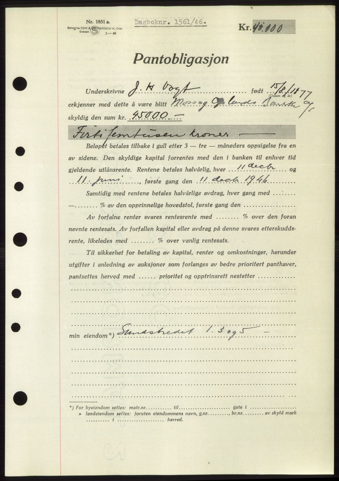 Moss sorenskriveri, SAO/A-10168: Pantebok nr. B15, 1946-1946, Dagboknr: 1561/1946
