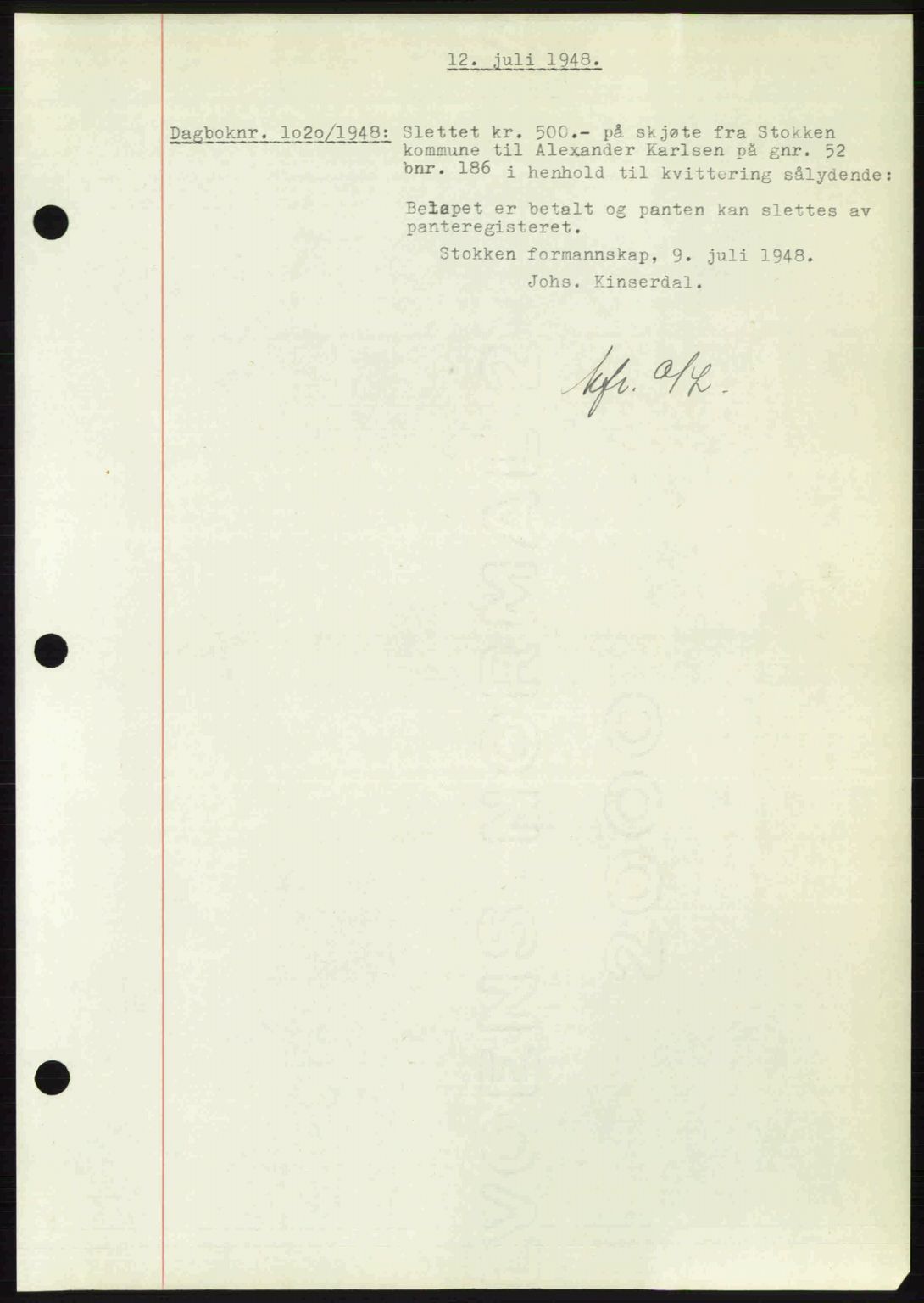 Nedenes sorenskriveri, SAK/1221-0006/G/Gb/Gba/L0059: Pantebok nr. A11, 1948-1948, Dagboknr: 1020/1948