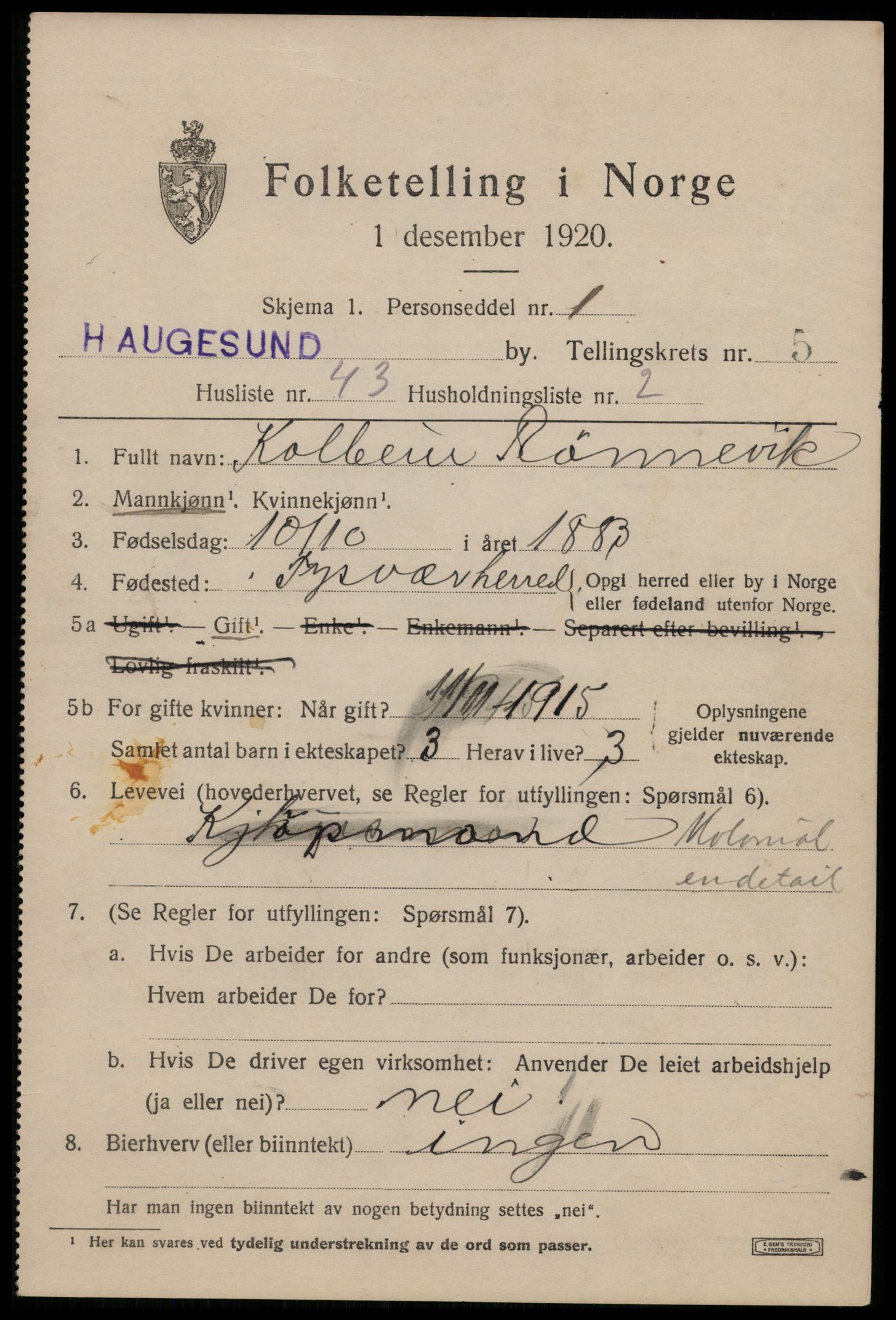 SAST, Folketelling 1920 for 1106 Haugesund kjøpstad, 1920, s. 18419