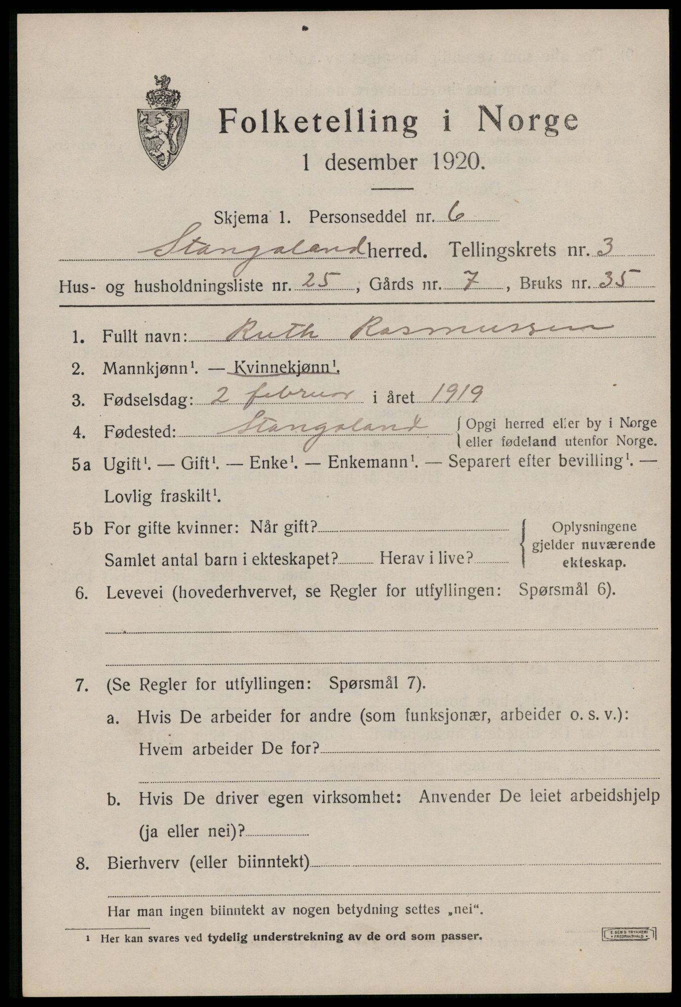 SAST, Folketelling 1920 for 1148 Stangaland herred, 1920, s. 2533