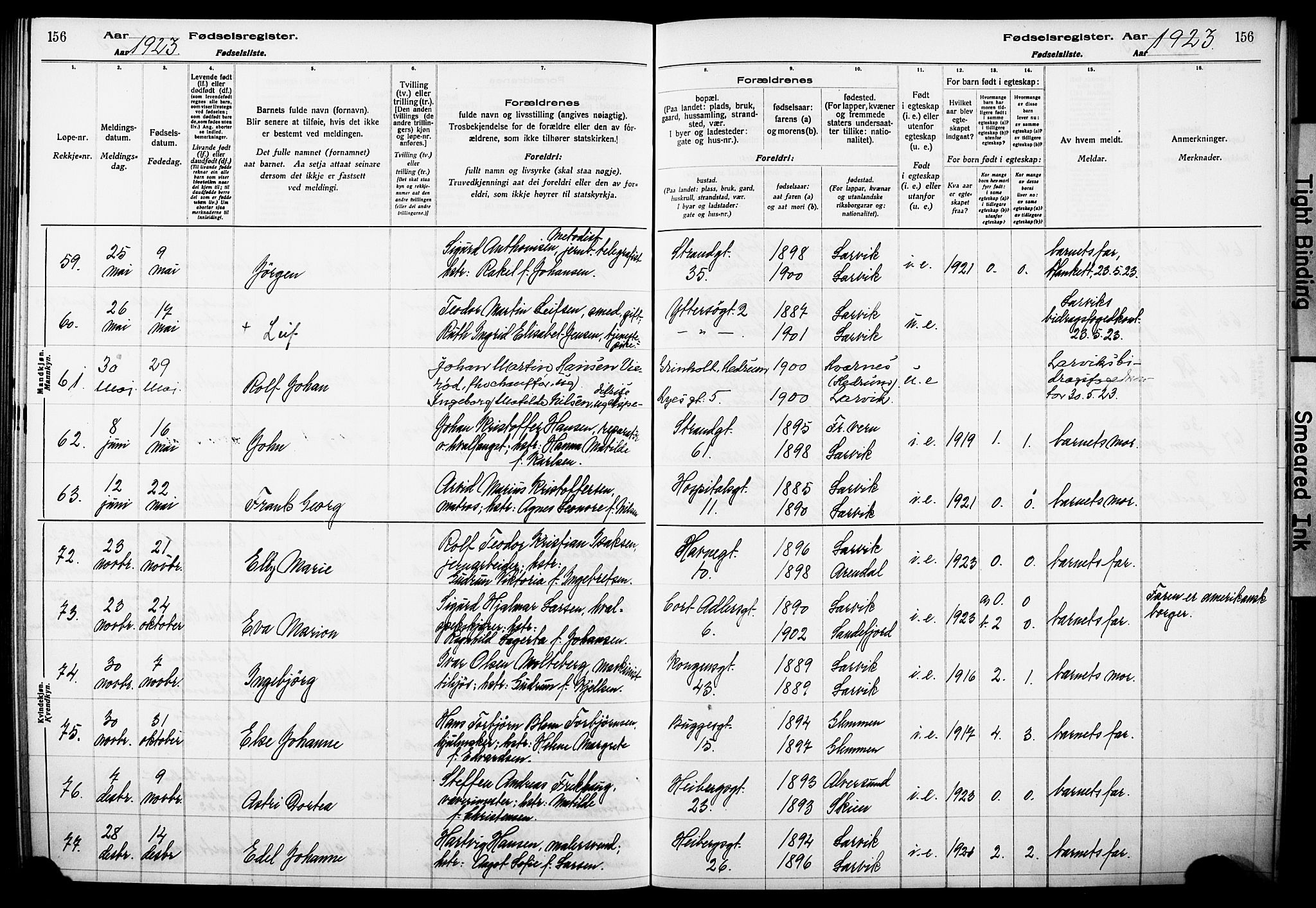 Larvik kirkebøker, AV/SAKO-A-352/J/Ja/L0001: Fødselsregister nr. I 1, 1916-1926, s. 156