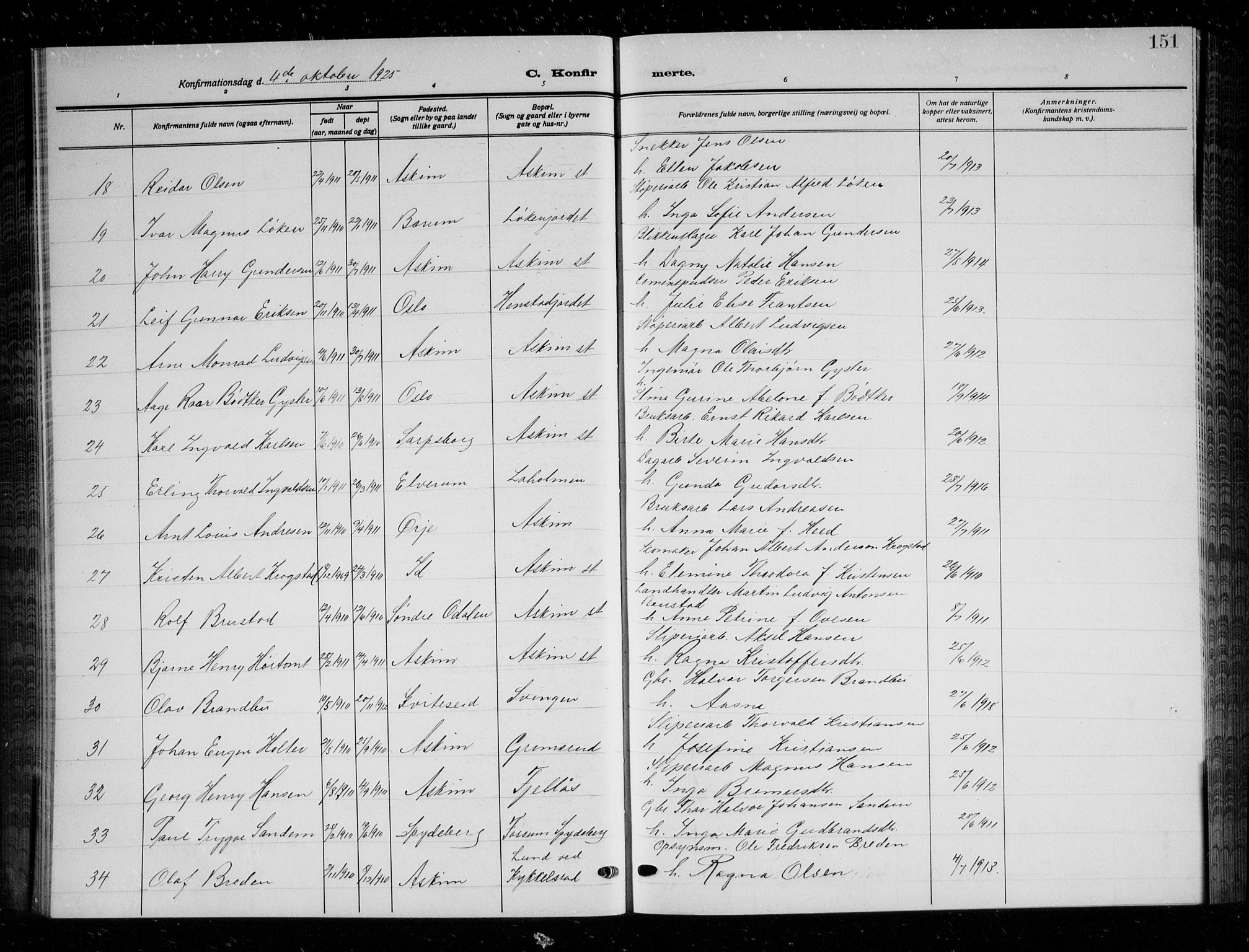 Askim prestekontor Kirkebøker, AV/SAO-A-10900/G/Ga/L0003: Klokkerbok nr. 3, 1921-1937, s. 151
