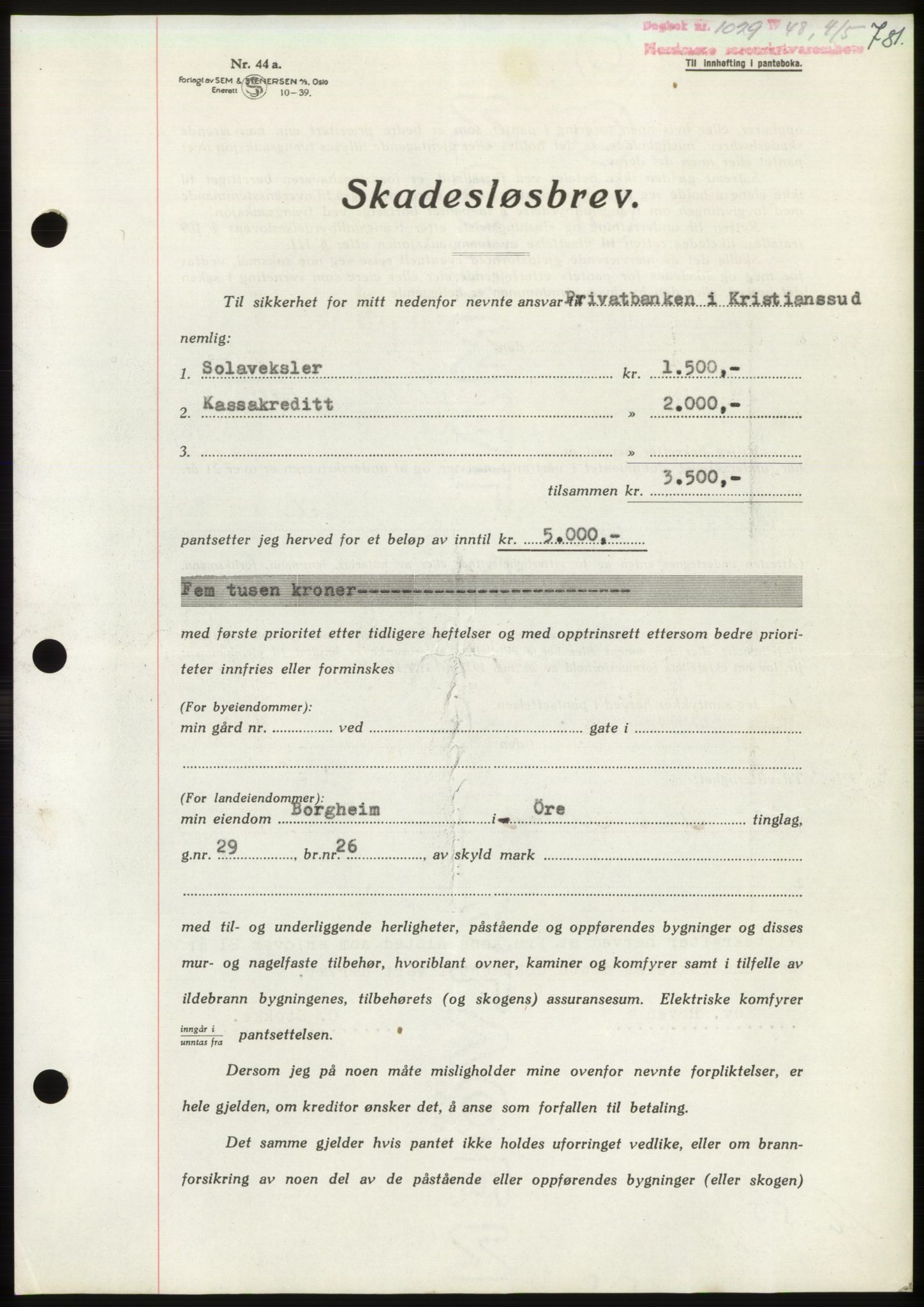 Nordmøre sorenskriveri, SAT/A-4132/1/2/2Ca: Pantebok nr. B98, 1948-1948, Dagboknr: 1029/1948