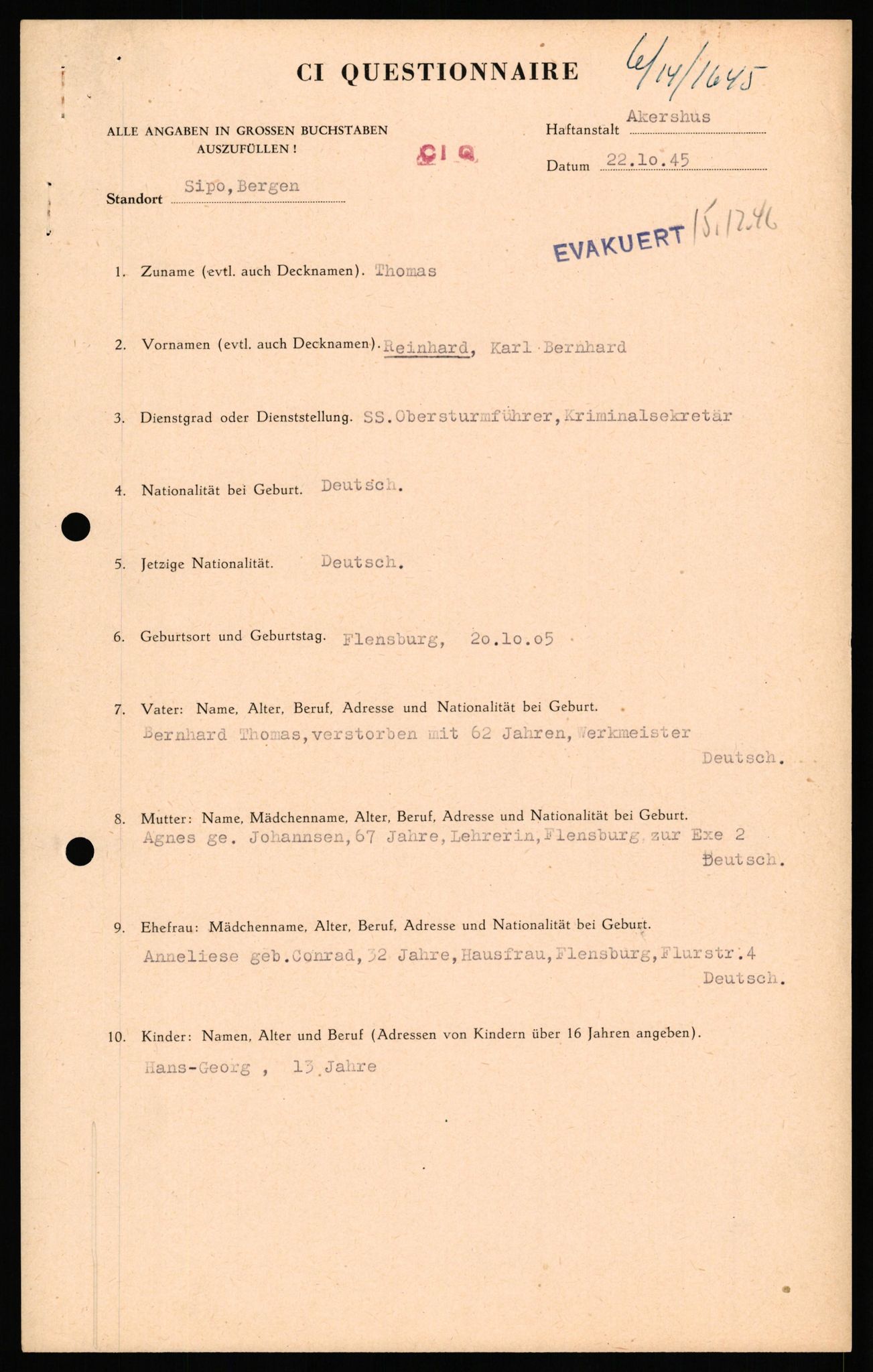 Forsvaret, Forsvarets overkommando II, RA/RAFA-3915/D/Db/L0033: CI Questionaires. Tyske okkupasjonsstyrker i Norge. Tyskere., 1945-1946, s. 479