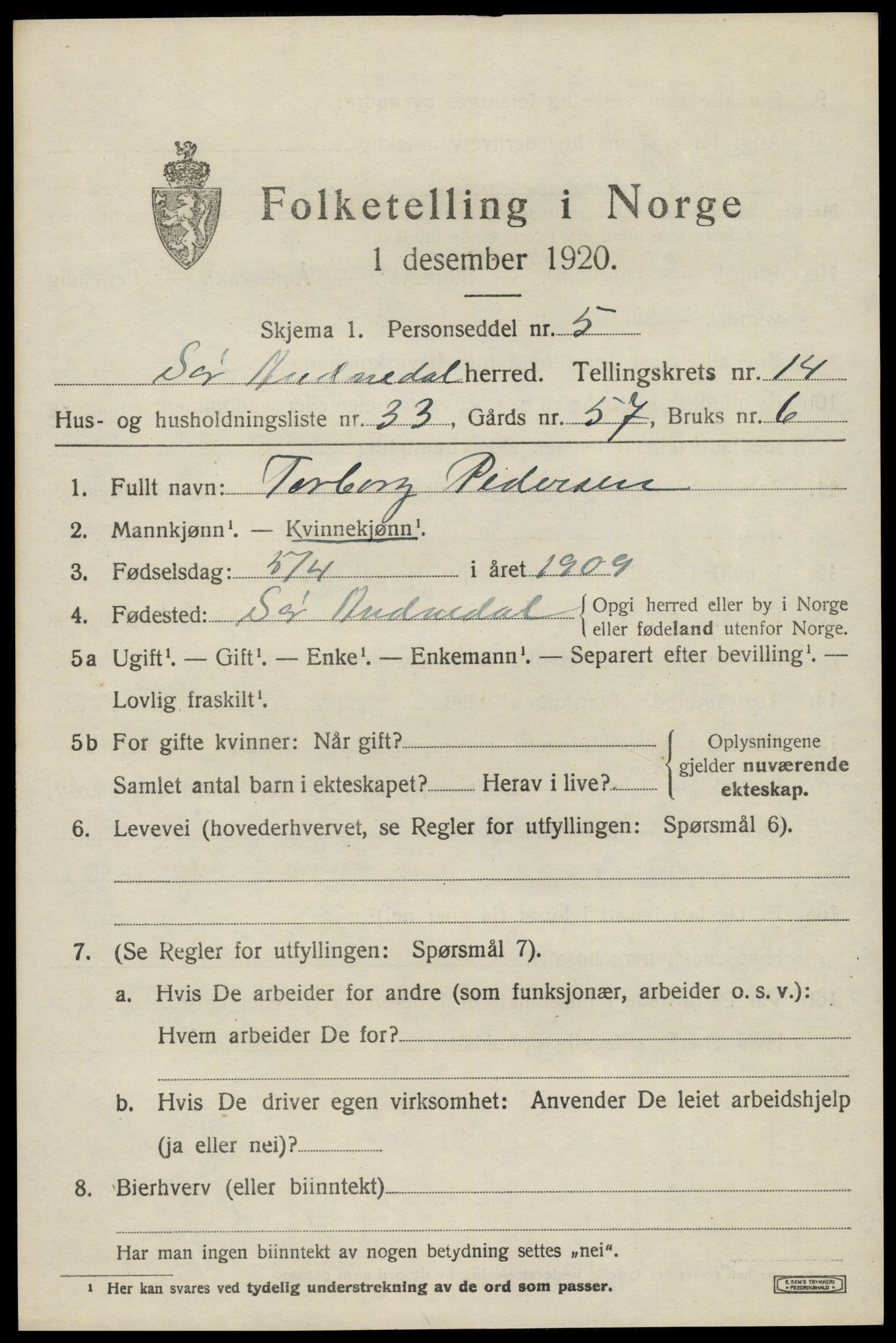 SAK, Folketelling 1920 for 1029 Sør-Audnedal herred, 1920, s. 5483