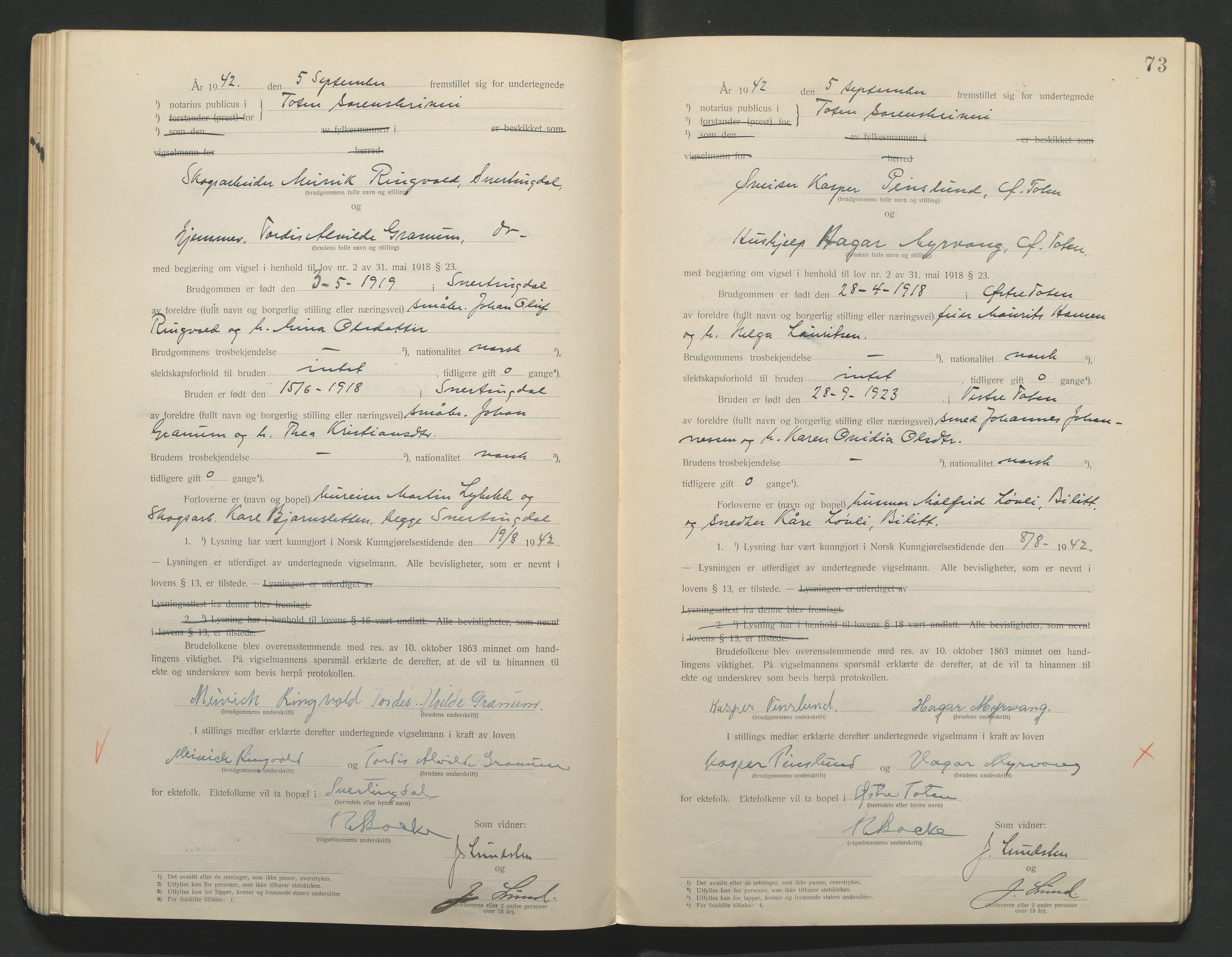Toten tingrett, AV/SAH-TING-006/L/Lc/L0001: Vigselbok, 1920-1942, s. 73