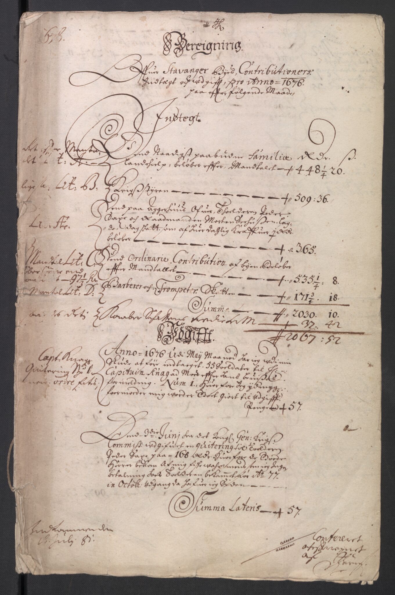 Rentekammeret inntil 1814, Reviderte regnskaper, Byregnskaper, AV/RA-EA-4066/R/Ro/L0300: [O3] Kontribusjonsregnskap, 1661-1678, s. 199