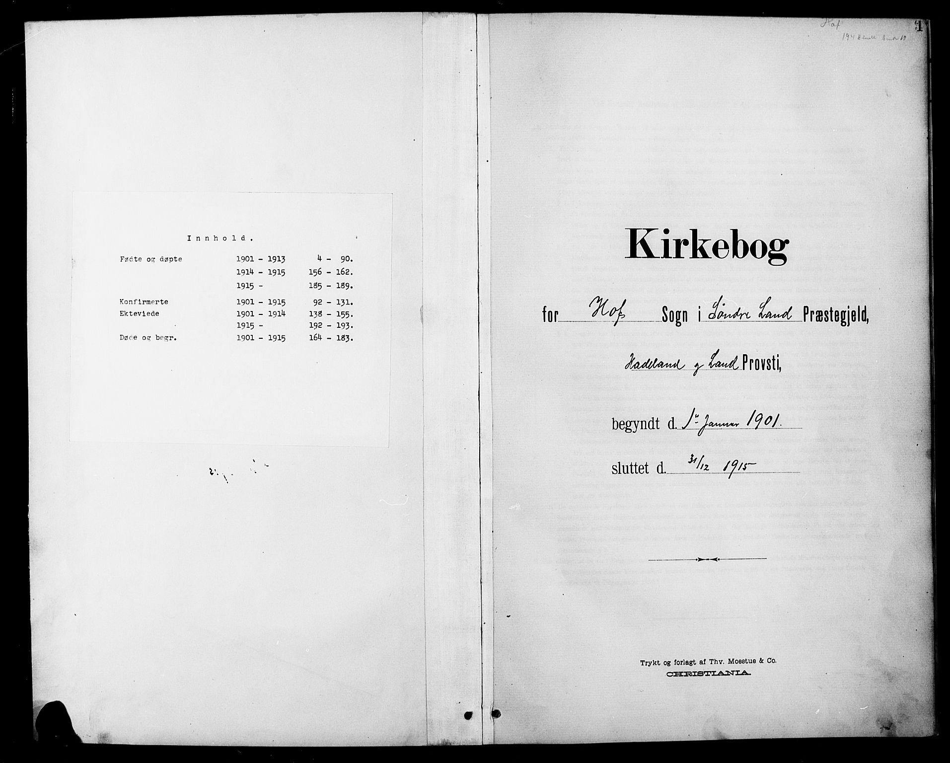 Søndre Land prestekontor, AV/SAH-PREST-122/L/L0004: Klokkerbok nr. 4, 1901-1915, s. 1
