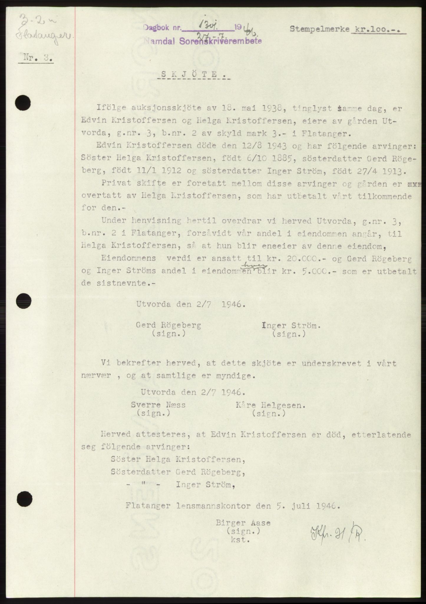 Namdal sorenskriveri, SAT/A-4133/1/2/2C: Pantebok nr. -, 1946-1946, Dagboknr: 1301/1946