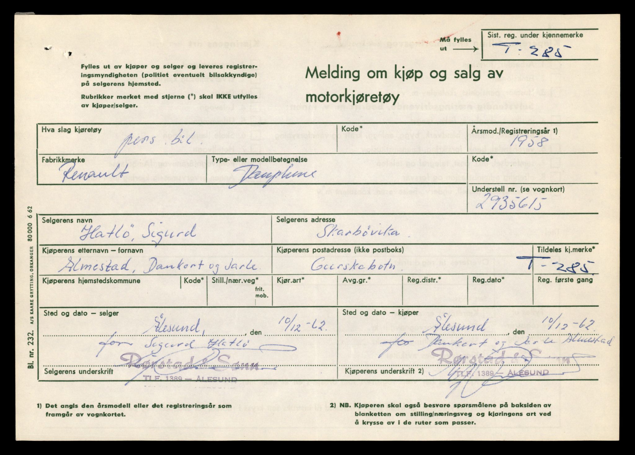 Møre og Romsdal vegkontor - Ålesund trafikkstasjon, AV/SAT-A-4099/F/Fe/L0003: Registreringskort for kjøretøy T 232 - T 340, 1927-1998, s. 1487