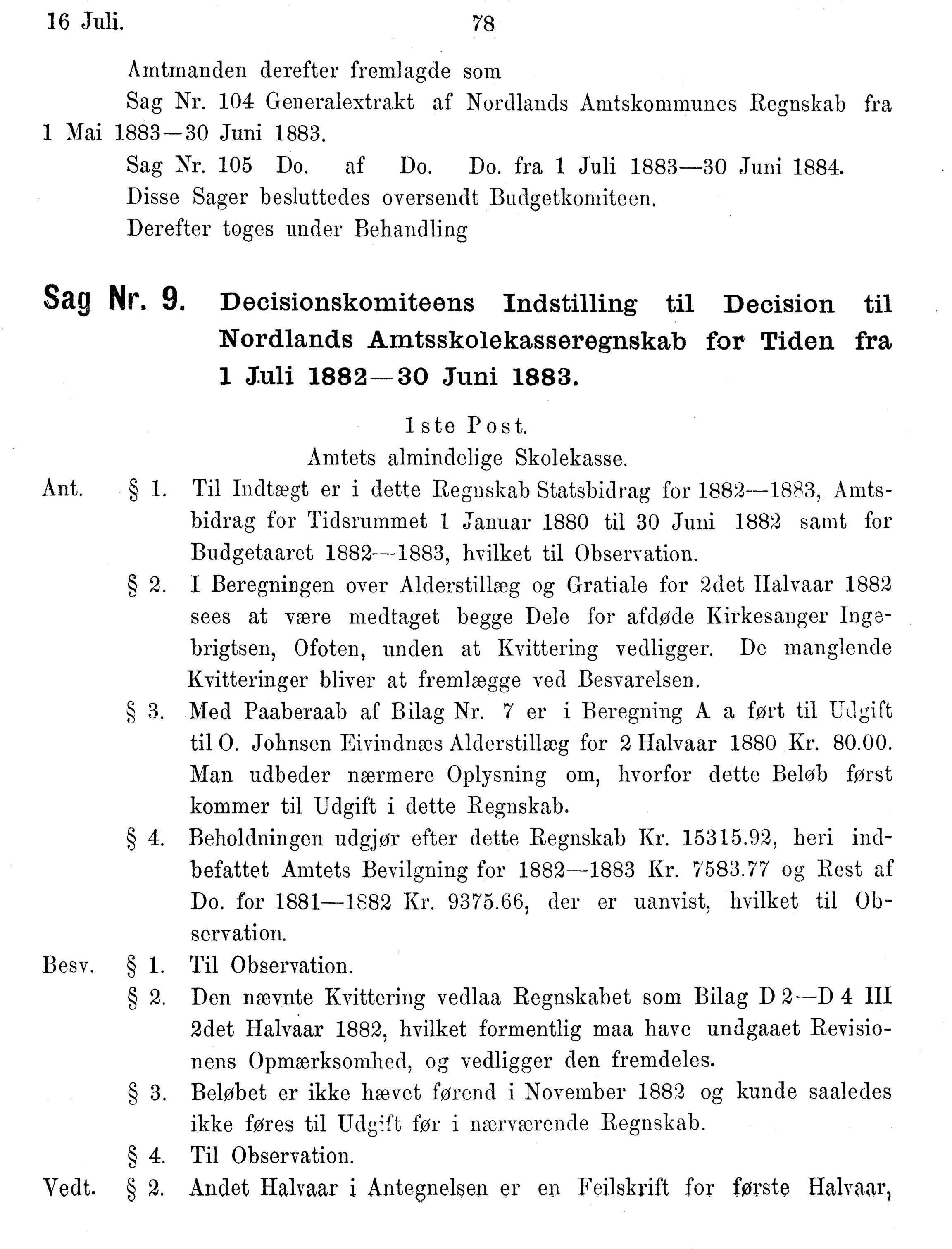 Nordland Fylkeskommune. Fylkestinget, AIN/NFK-17/176/A/Ac/L0014: Fylkestingsforhandlinger 1881-1885, 1881-1885