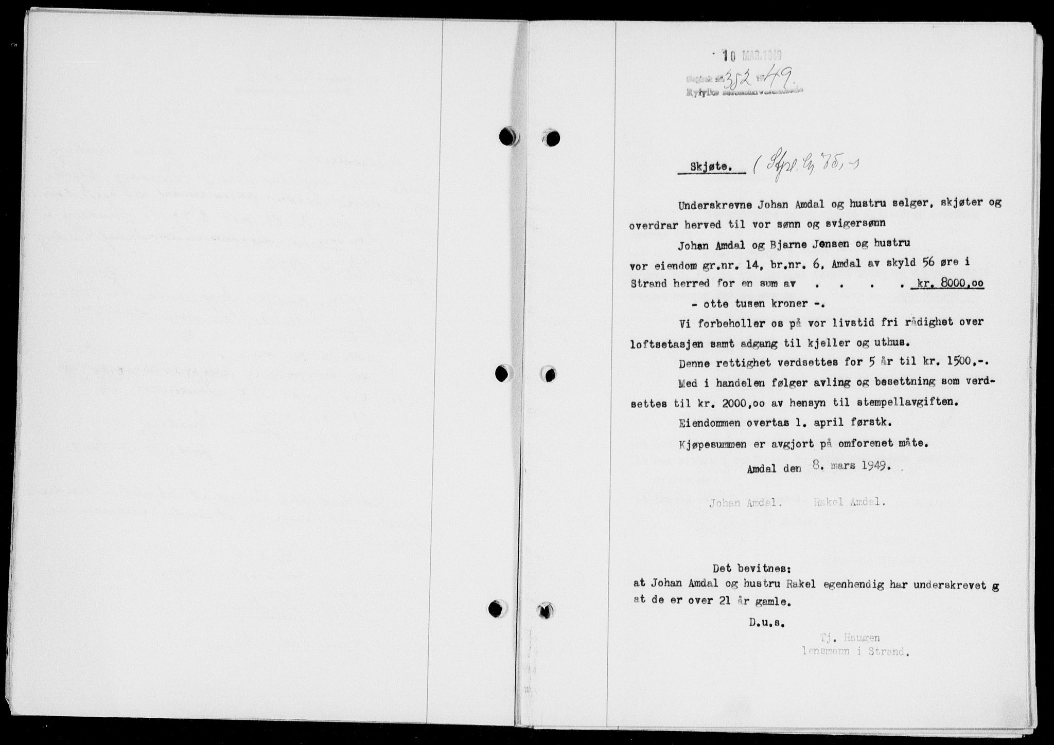 Ryfylke tingrett, SAST/A-100055/001/II/IIB/L0104: Pantebok nr. 83, 1948-1949, Dagboknr: 352/1949