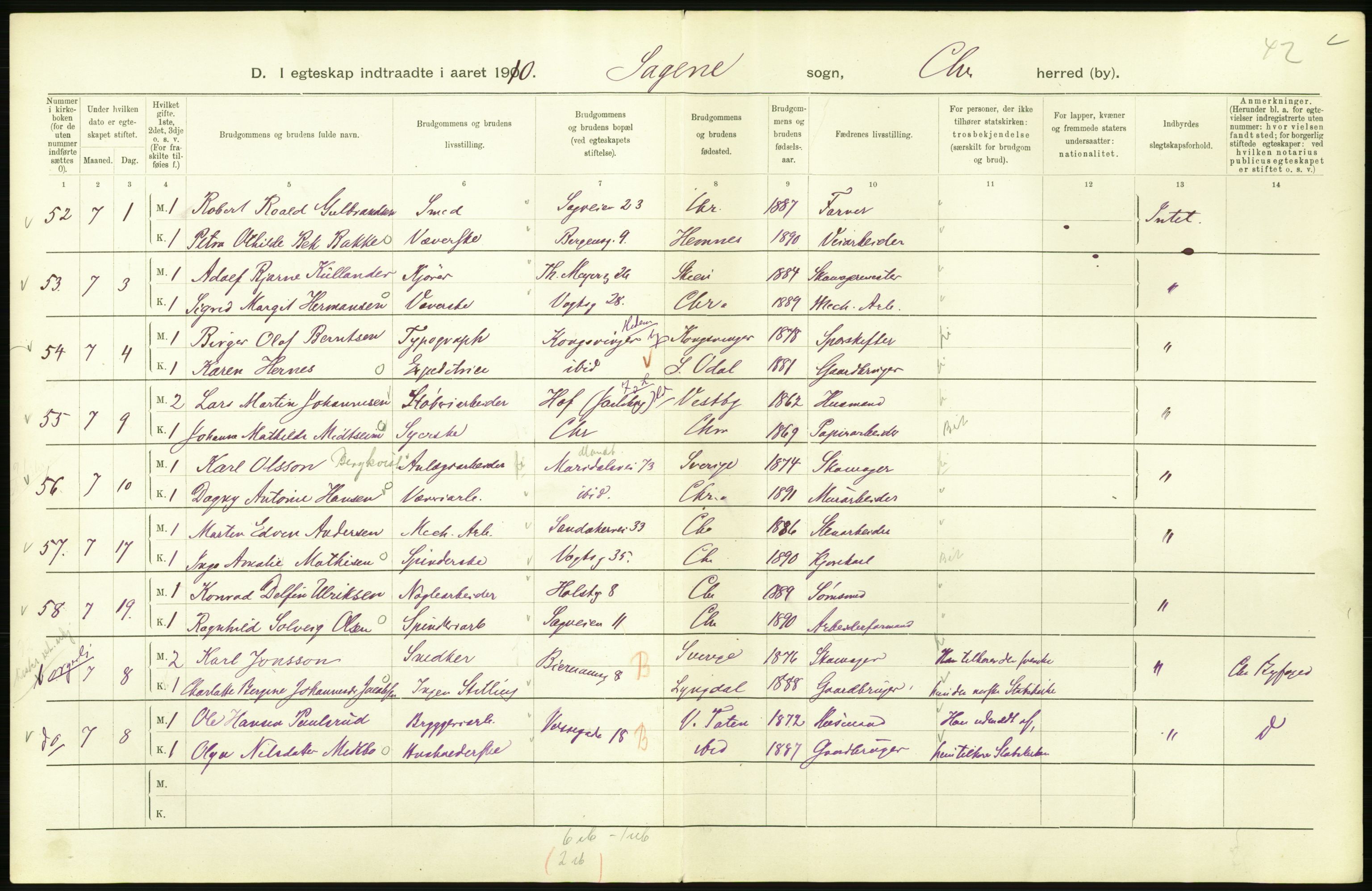 Statistisk sentralbyrå, Sosiodemografiske emner, Befolkning, AV/RA-S-2228/D/Df/Dfa/Dfah/L0009: Kristiania: Gifte og dødfødte., 1910, s. 628