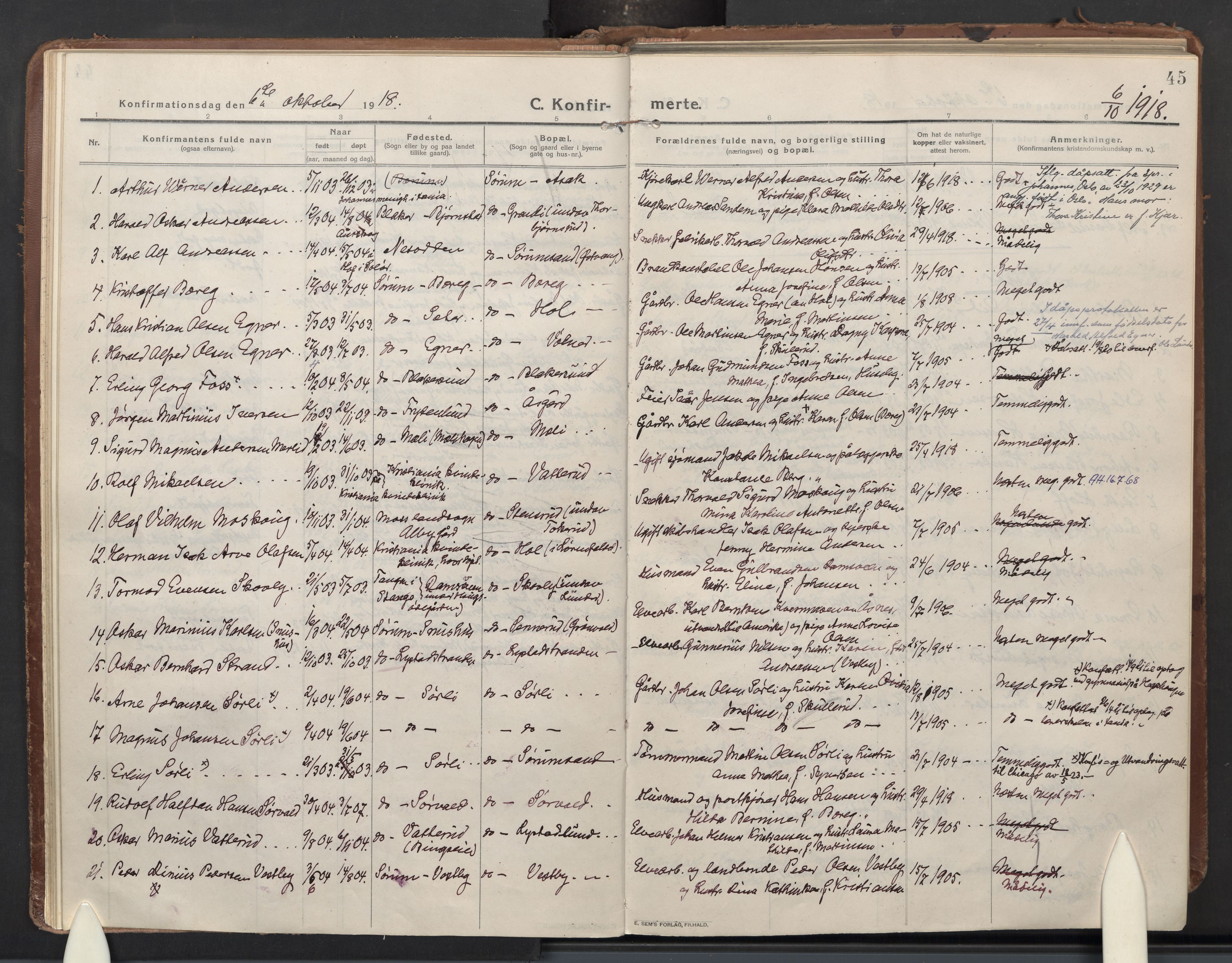 Sørum prestekontor Kirkebøker, AV/SAO-A-10303/F/Fa/L0011: Ministerialbok nr. I 11, 1915-1931, s. 45