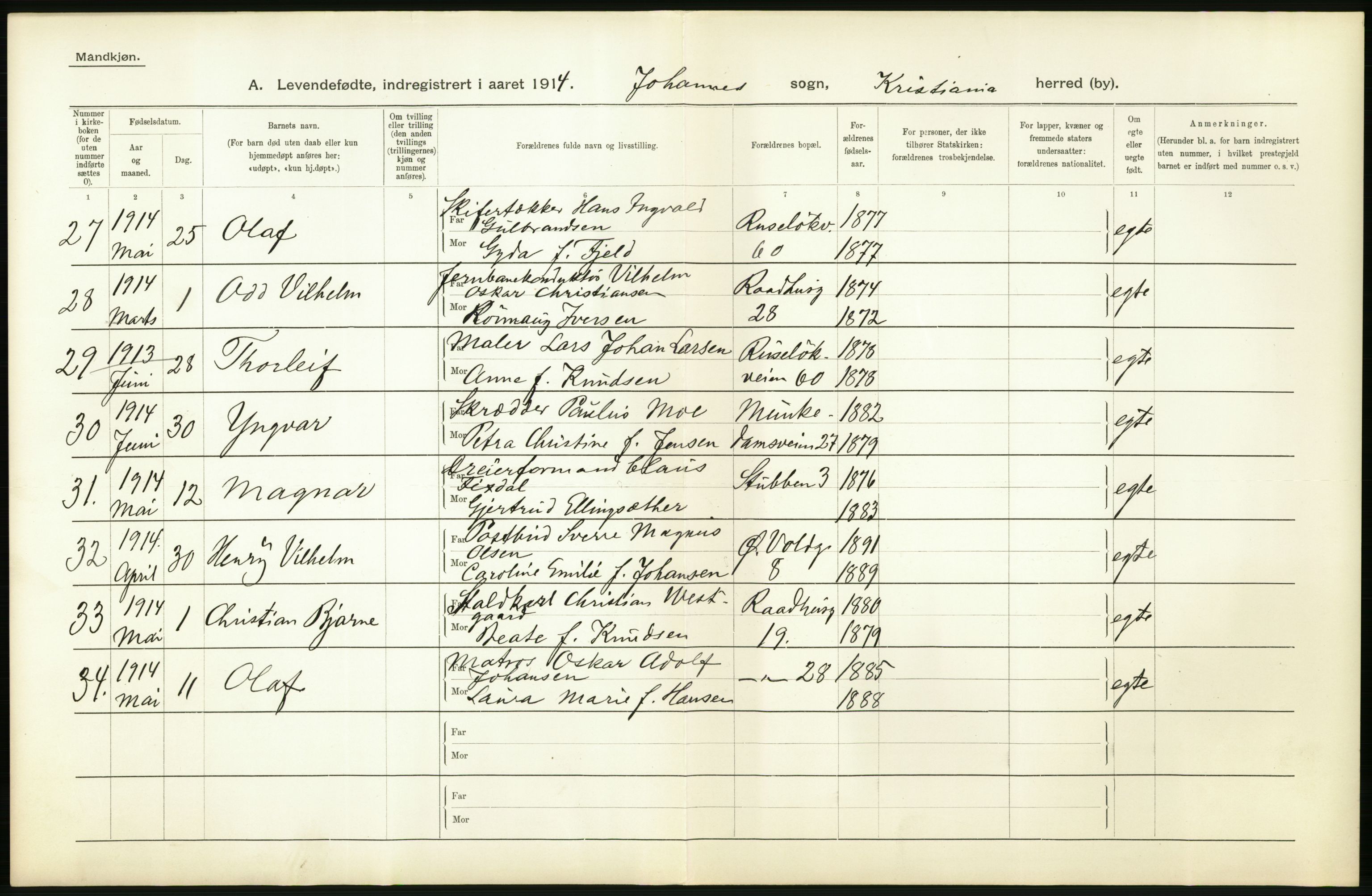 Statistisk sentralbyrå, Sosiodemografiske emner, Befolkning, AV/RA-S-2228/D/Df/Dfb/Dfbd/L0006: Kristiania: Levendefødte menn og kvinner., 1914, s. 10