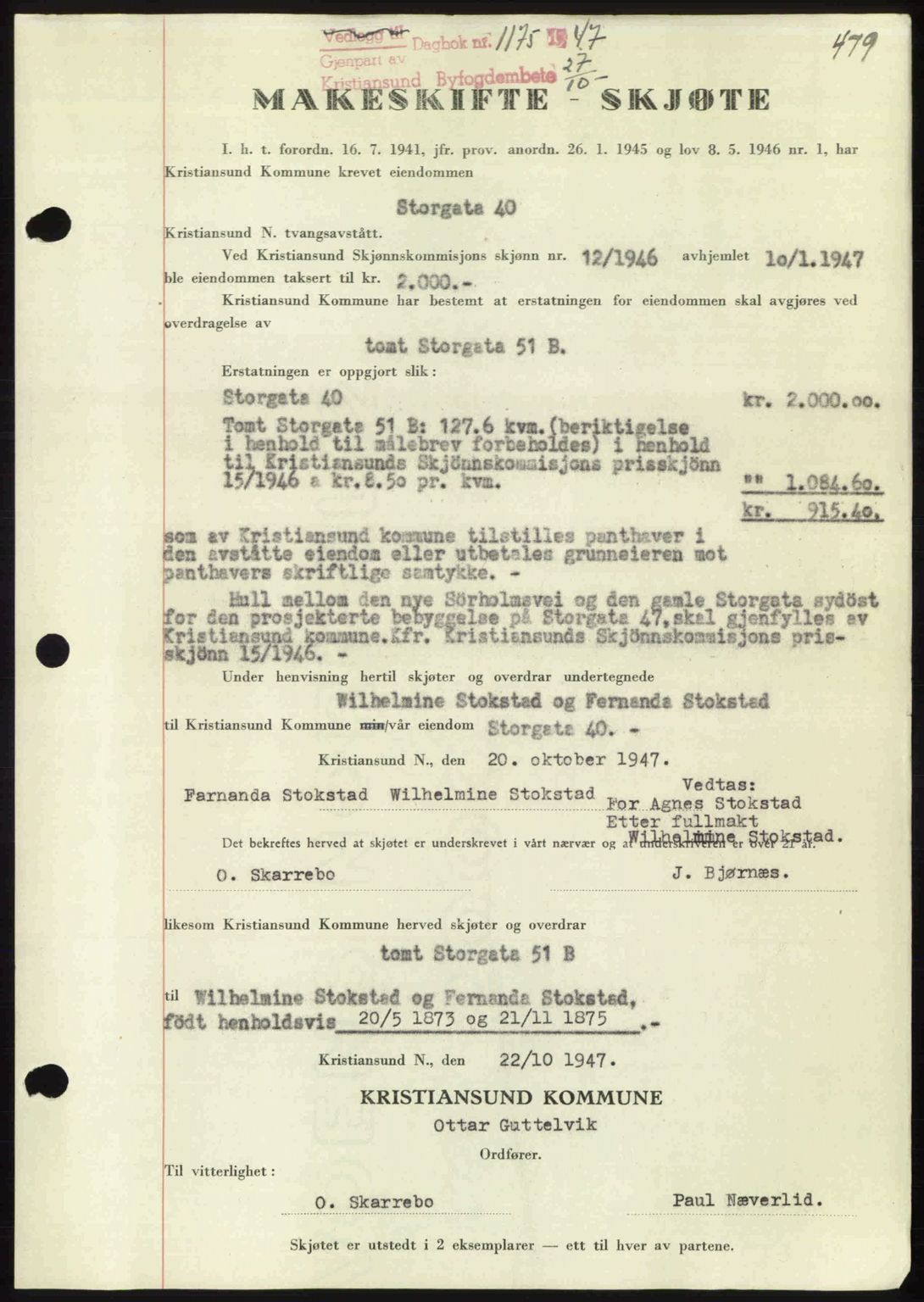 Kristiansund byfogd, AV/SAT-A-4587/A/27: Pantebok nr. 39b, 1946-1947, Dagboknr: 1175/1947