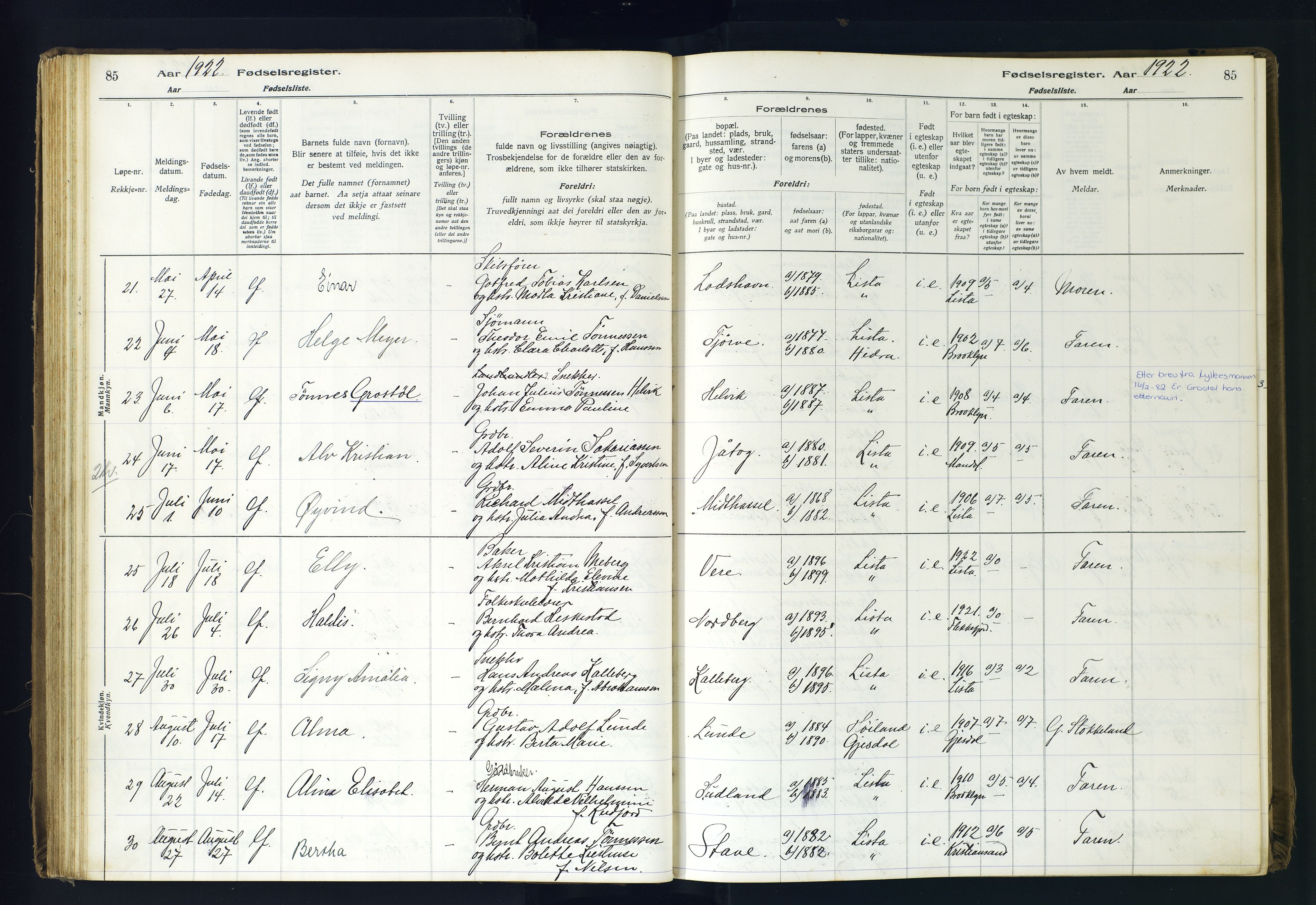 Lista sokneprestkontor, AV/SAK-1111-0027/J/Ja/L0001: Fødselsregister nr. A-VI-30, 1916-1934, s. 85