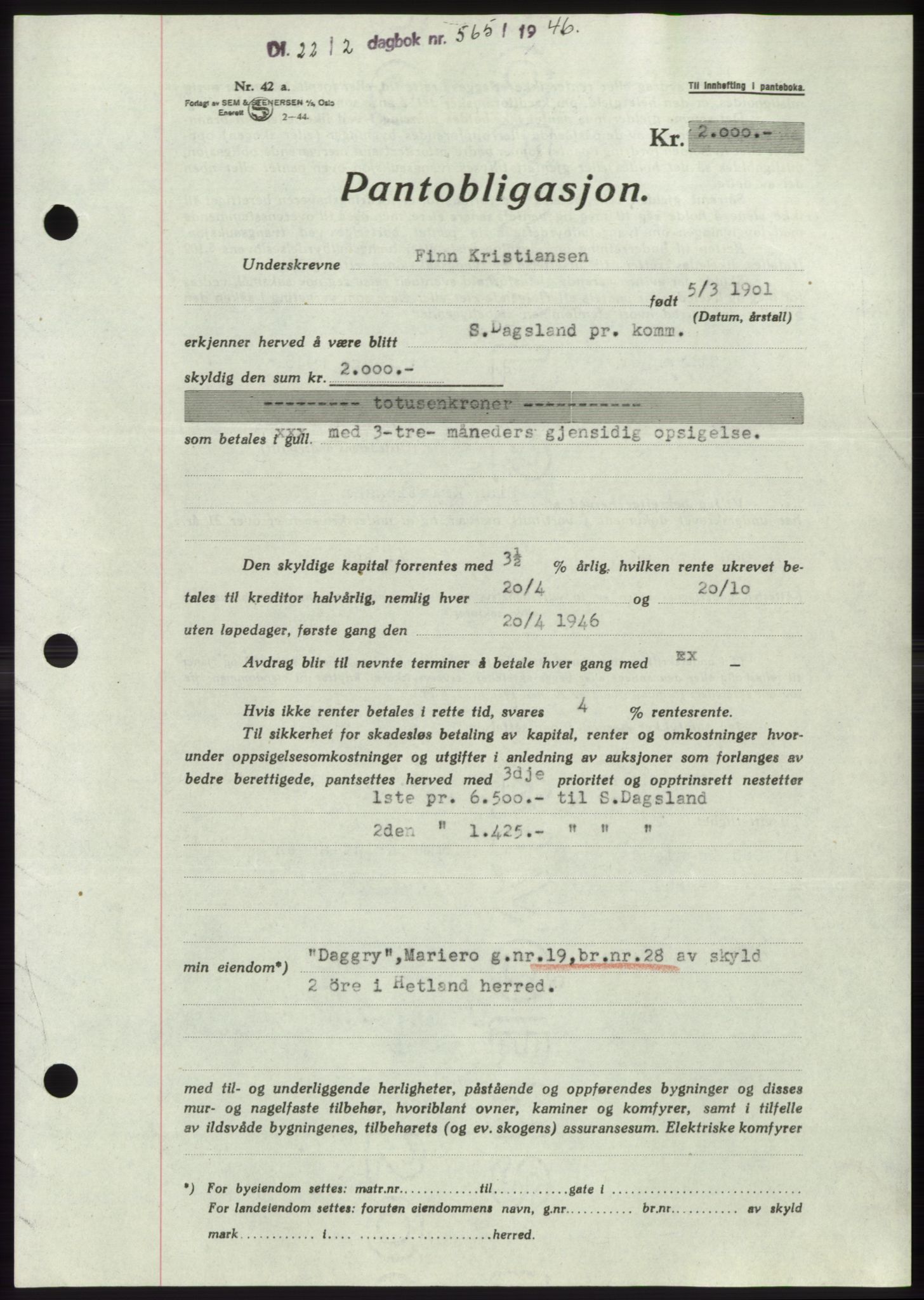 Jæren sorenskriveri, SAST/A-100310/03/G/Gba/L0089: Pantebok, 1946-1946, Dagboknr: 565/1946