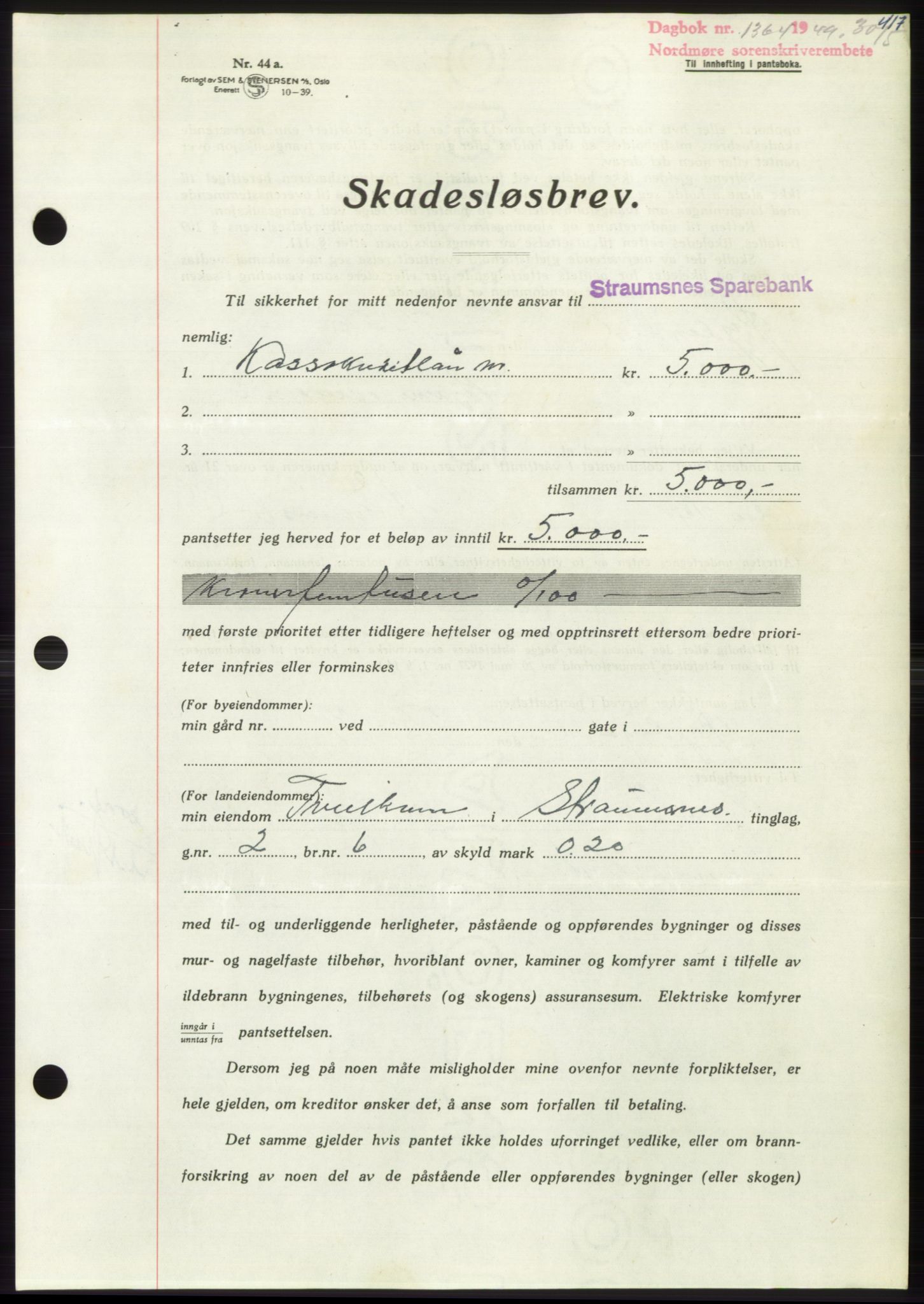 Nordmøre sorenskriveri, SAT/A-4132/1/2/2Ca: Pantebok nr. B101, 1949-1949, Dagboknr: 1364/1949