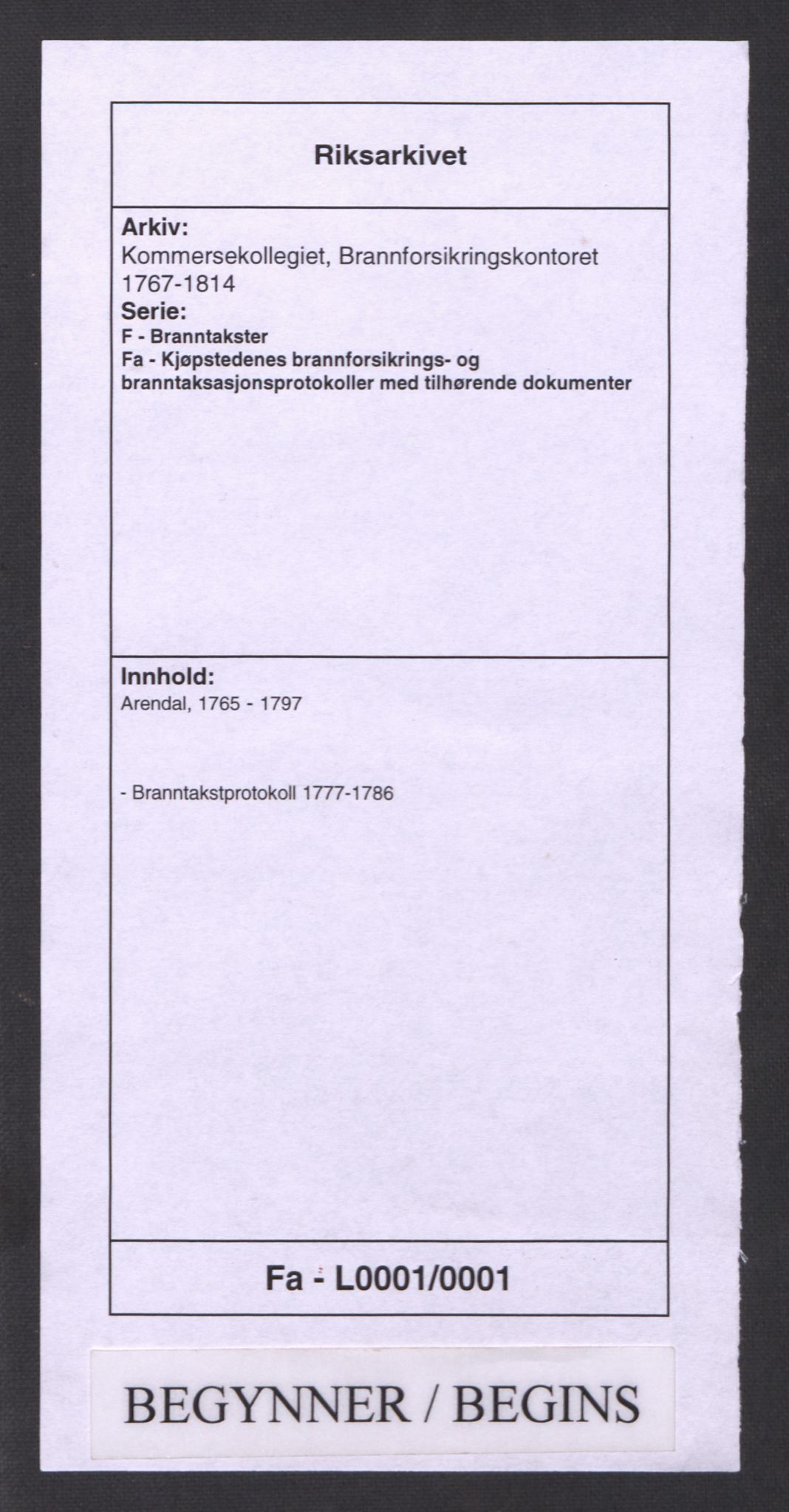 Kommersekollegiet, Brannforsikringskontoret 1767-1814, RA/EA-5458/F/Fa/L0001/0001: Arendal / Branntakstprotokoll, 1777-1786