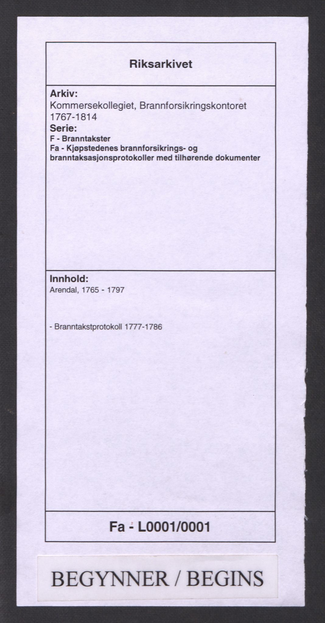 Kommersekollegiet, Brannforsikringskontoret 1767-1814, AV/RA-EA-5458/F/Fa/L0001/0001: Arendal / Branntakstprotokoll, 1777-1786