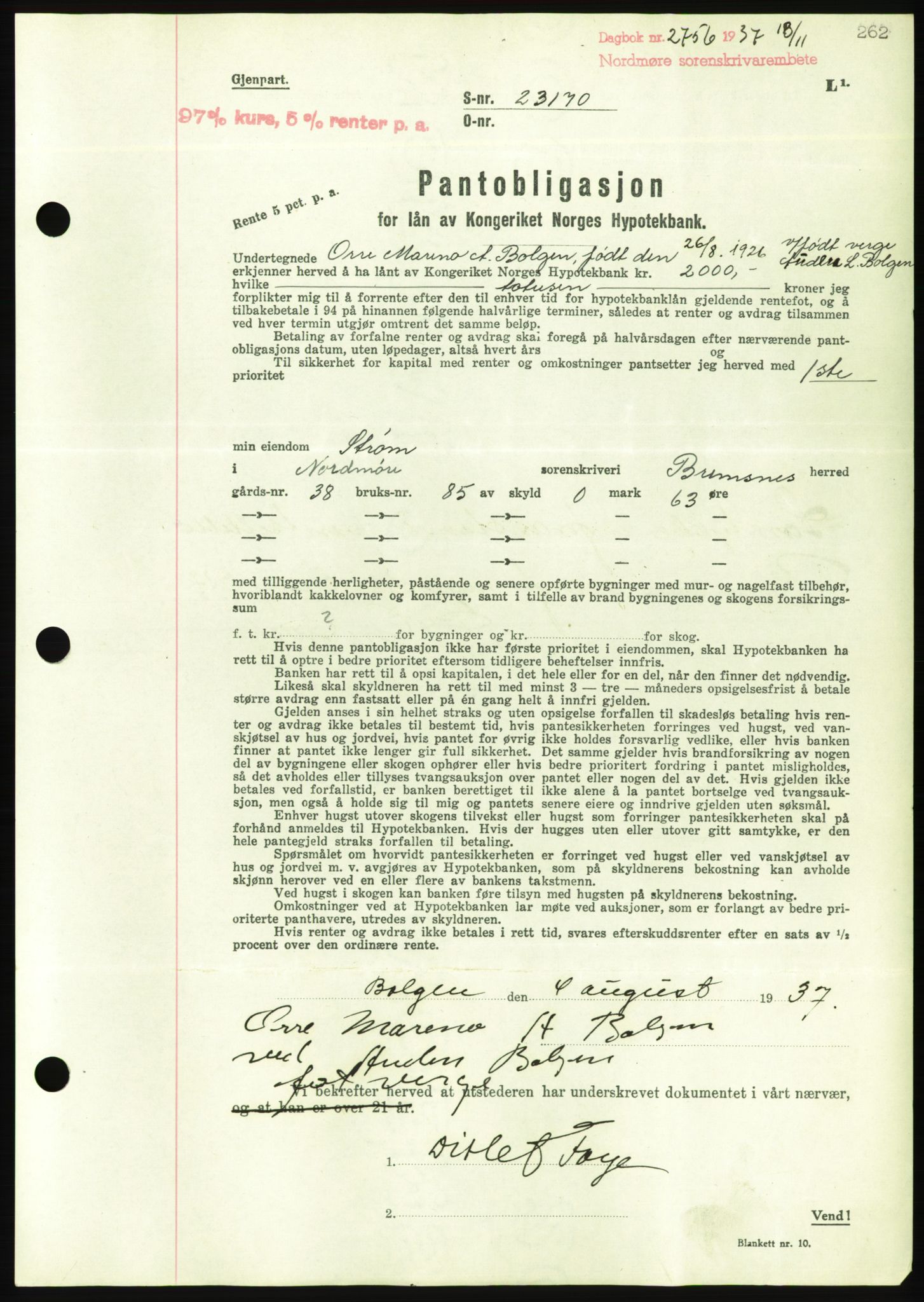 Nordmøre sorenskriveri, AV/SAT-A-4132/1/2/2Ca/L0092: Pantebok nr. B82, 1937-1938, Dagboknr: 2756/1937