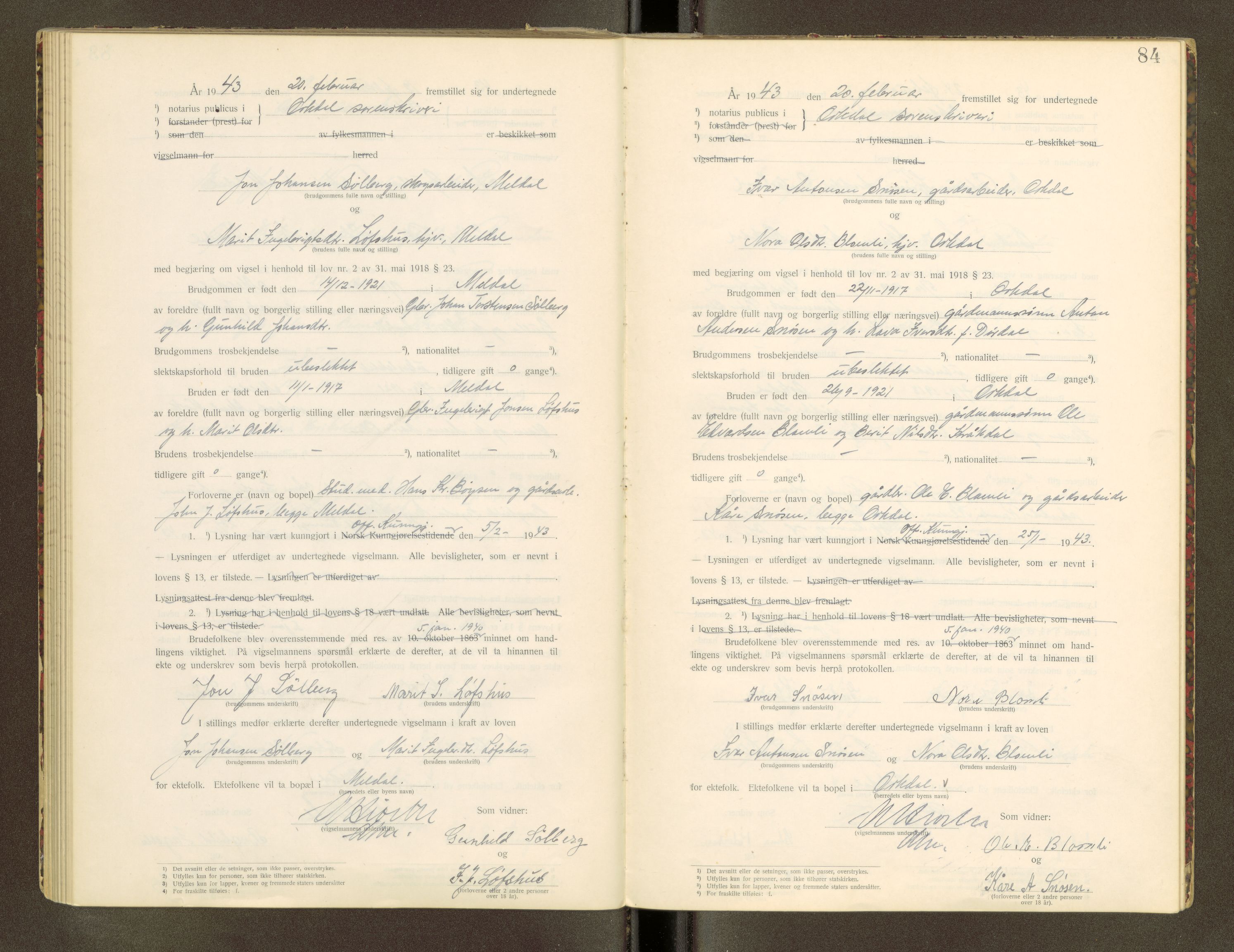 Orkdal sorenskriveri, AV/SAT-A-4169/1/6/6D/L0003: Lysingsbok, 1922-1943, s. 84