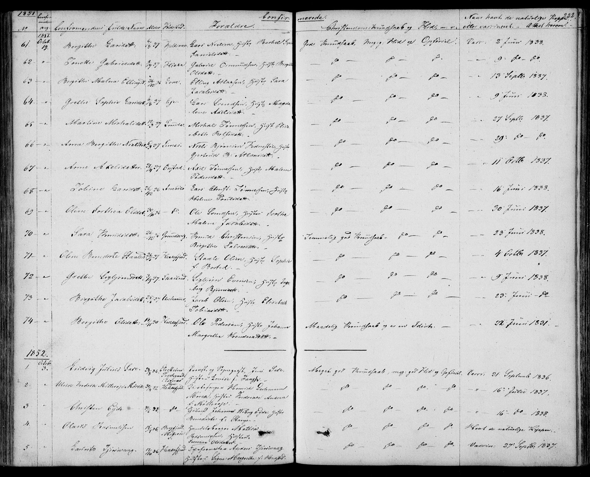 Flekkefjord sokneprestkontor, AV/SAK-1111-0012/F/Fb/Fbc/L0005: Klokkerbok nr. B 5, 1846-1866, s. 222