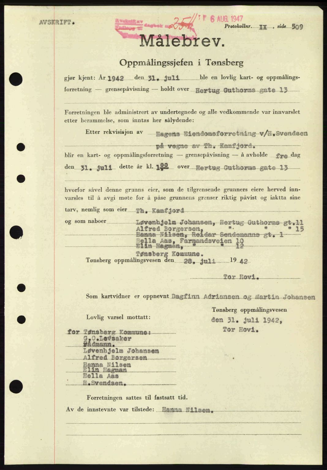 Tønsberg sorenskriveri, SAKO/A-130/G/Ga/Gaa/L0022: Pantebok nr. A22, 1947-1947, Dagboknr: 2511/1947